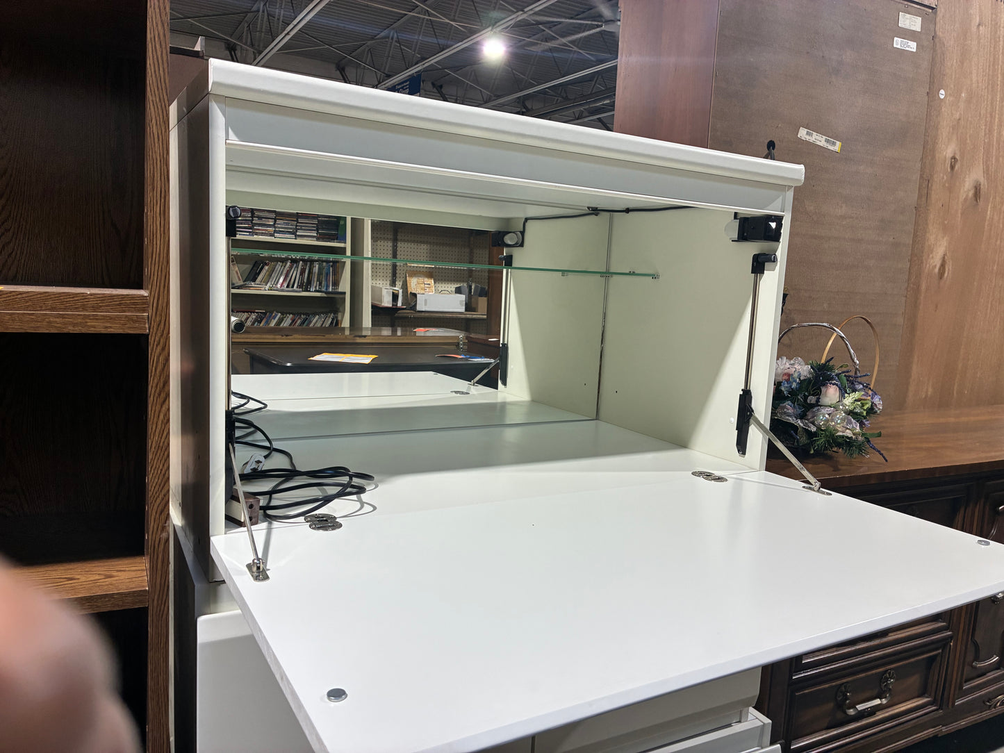White Flip-Down Storage Cabinet with Glass Shelf