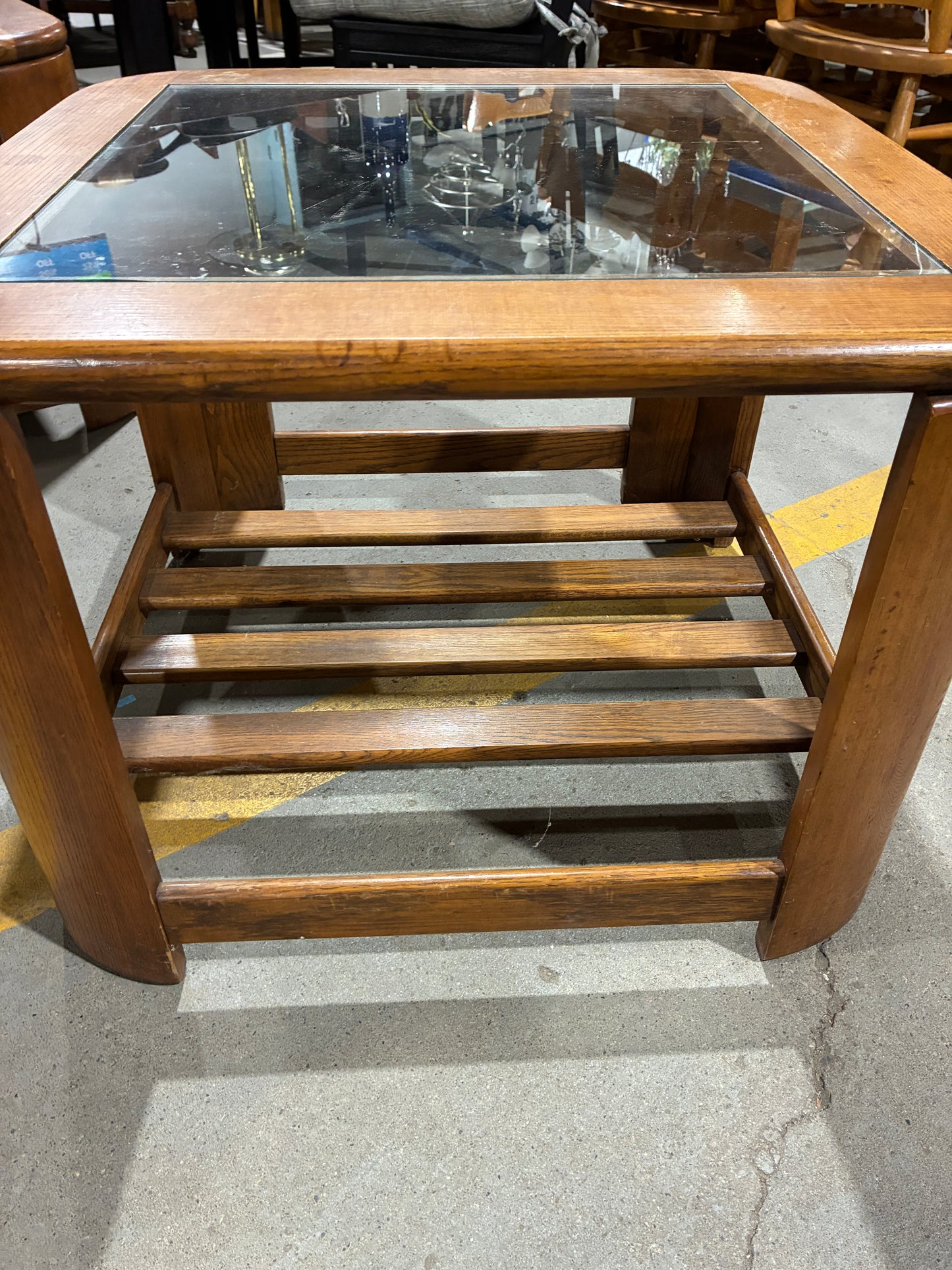 Oak Glass-Top End Table with Magazine Shelf