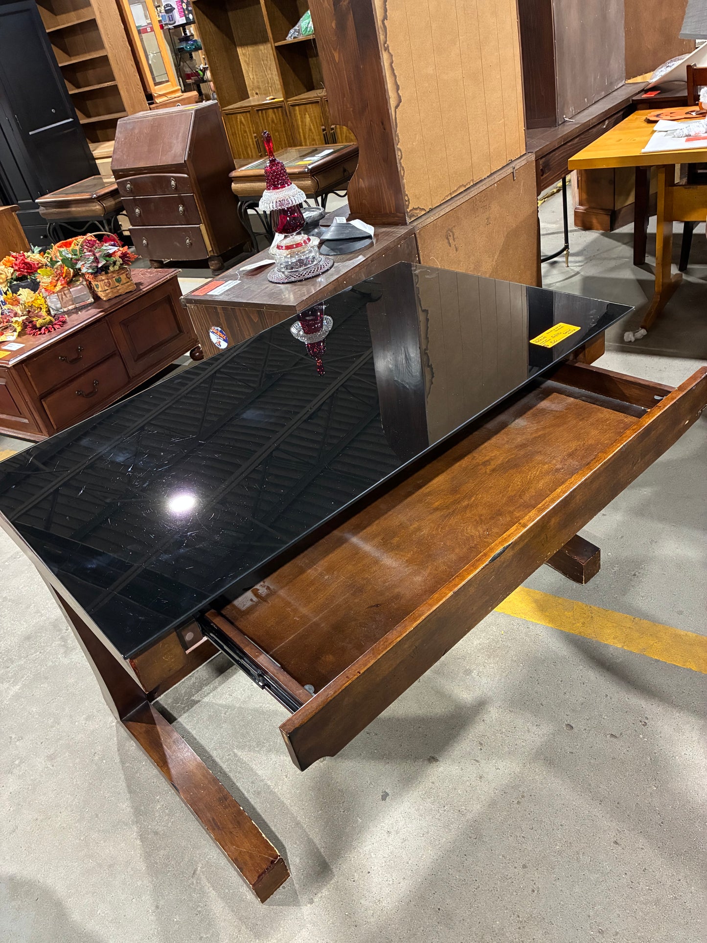 Modern Espresso Writing Desk with Black Glass Top and Storage Drawer