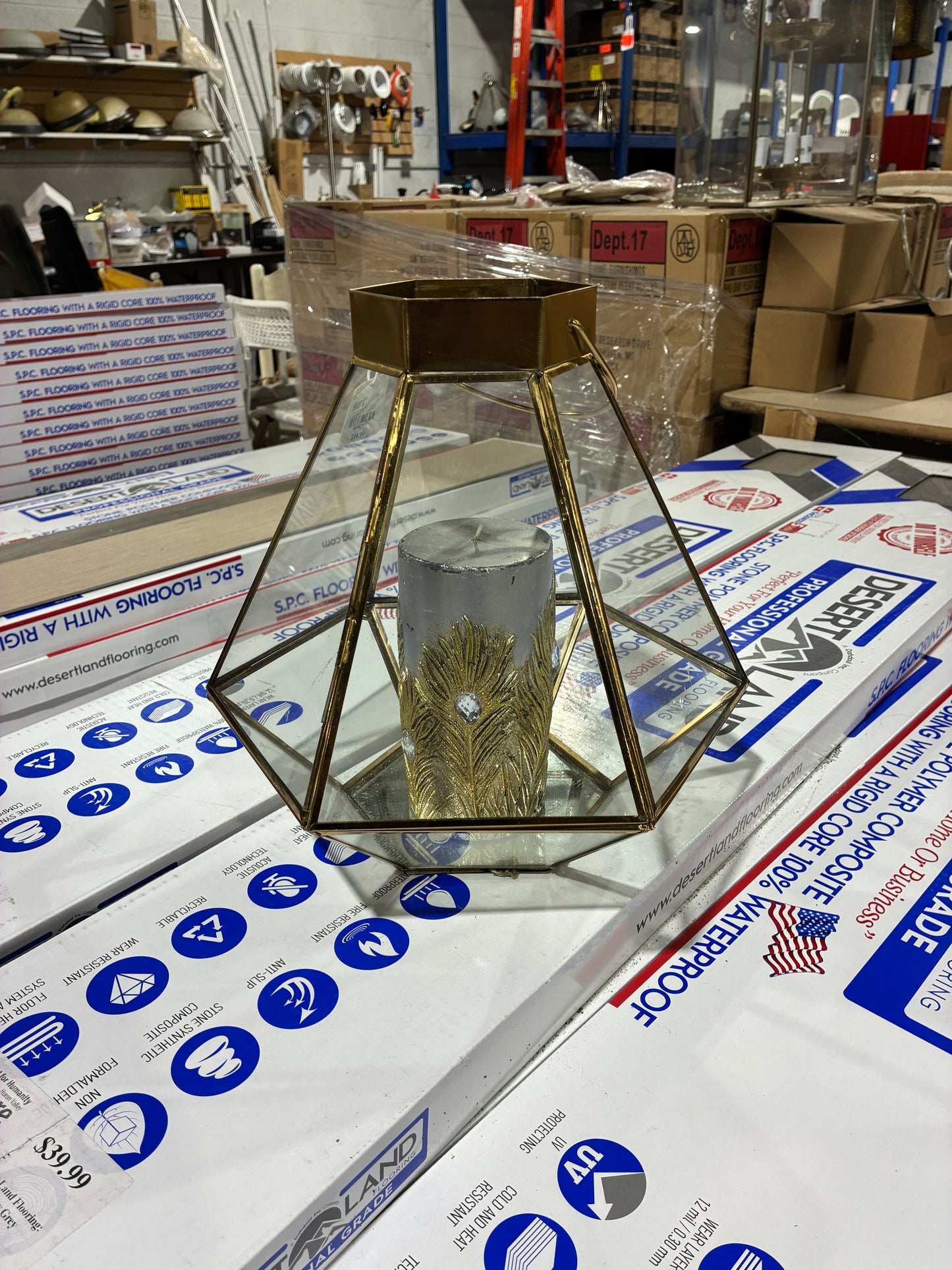 Pier 1 Geometric Glass Lantern with Decorative Candle