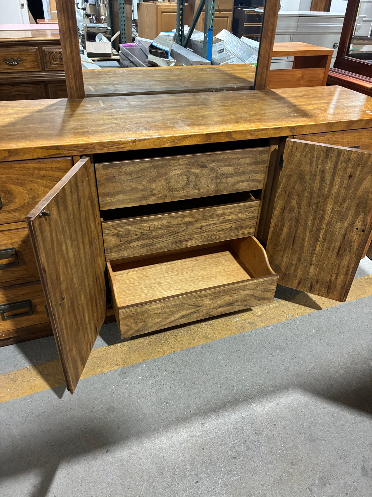 Vintage Wood Dresser with Mirror and Cabinet Storage