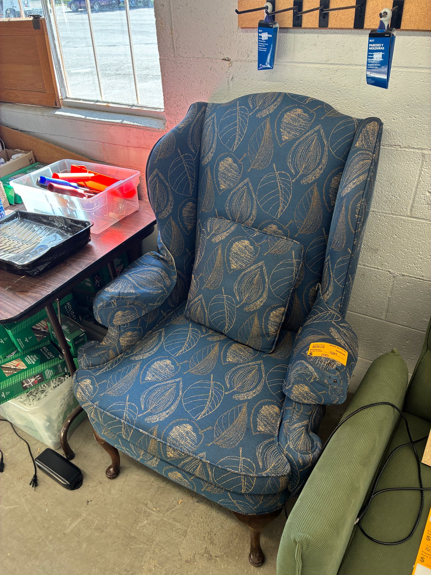 Blue Leaf Pattern Wingback Chair