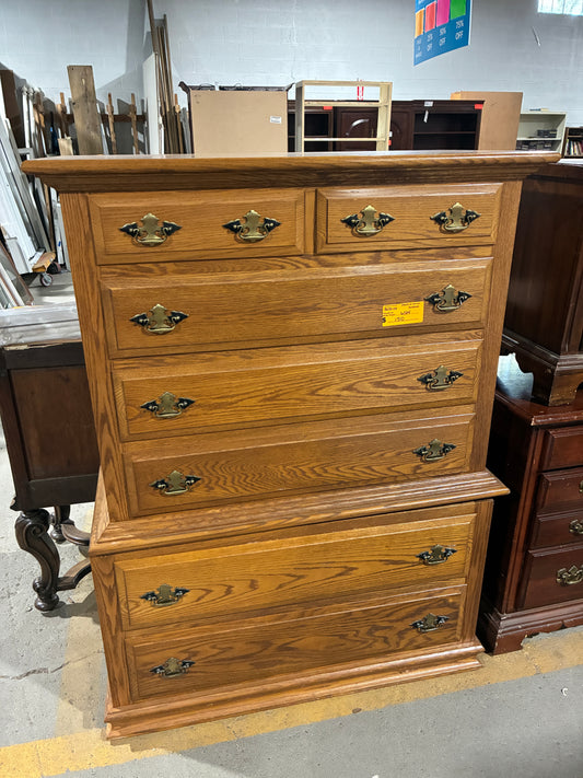 Solid Oak Highboy Dresser with 7 Drawers