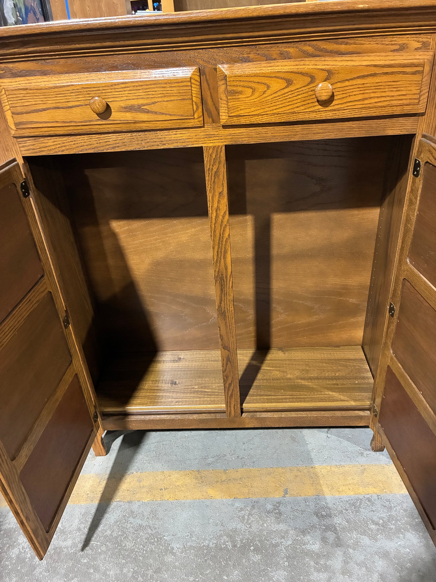 Oak Accent Storage Cabinet with Decorative Metal Panel Doors