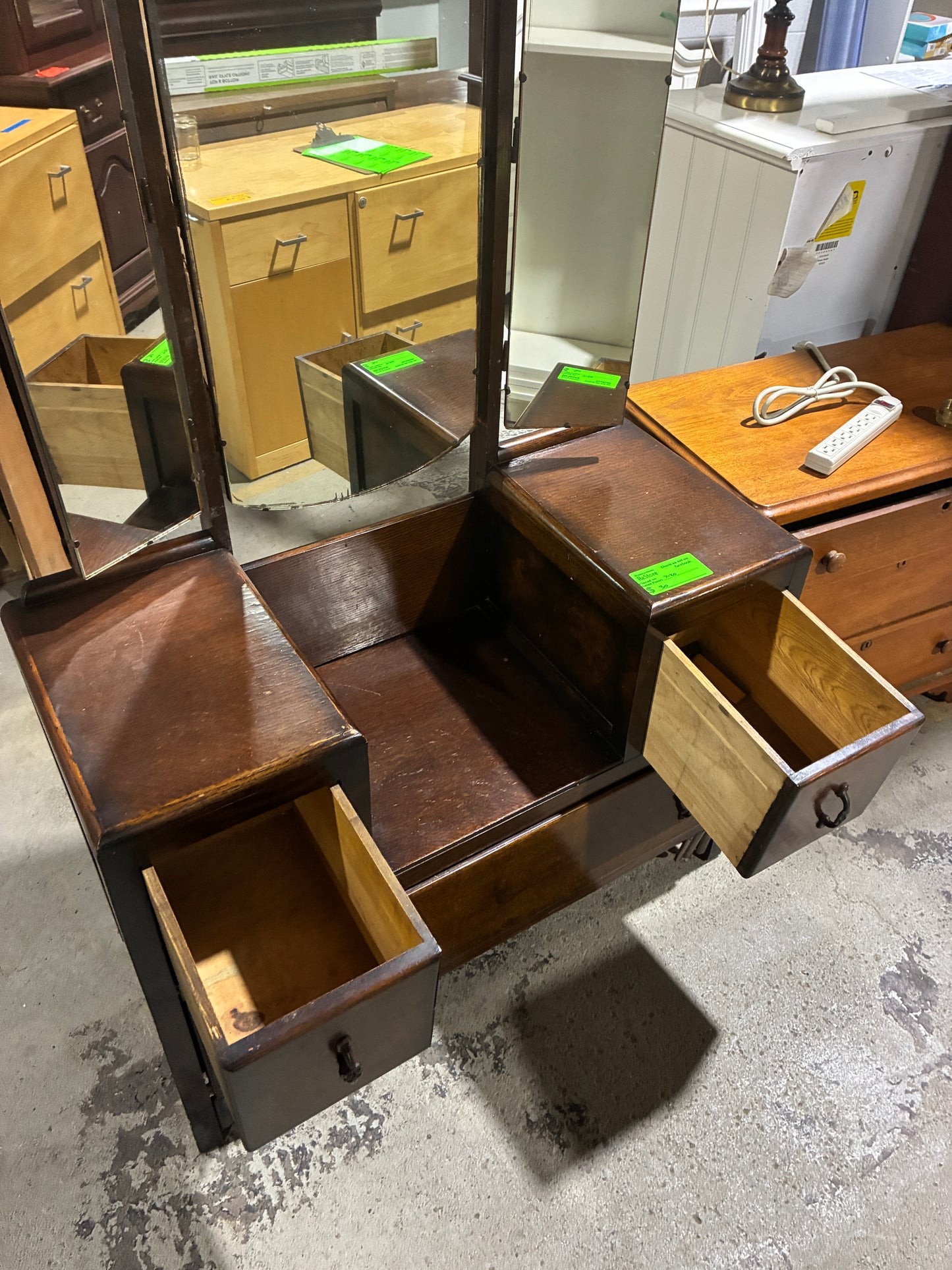 Vintage Wood Vanity with Tri-Fold Mirror