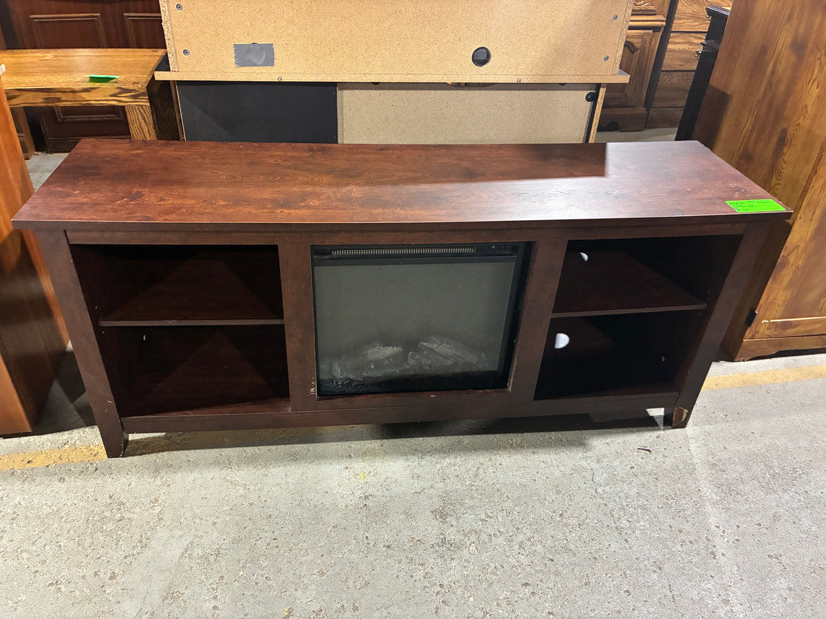 Dark Wood Electric Fireplace TV Stand with Open Shelving