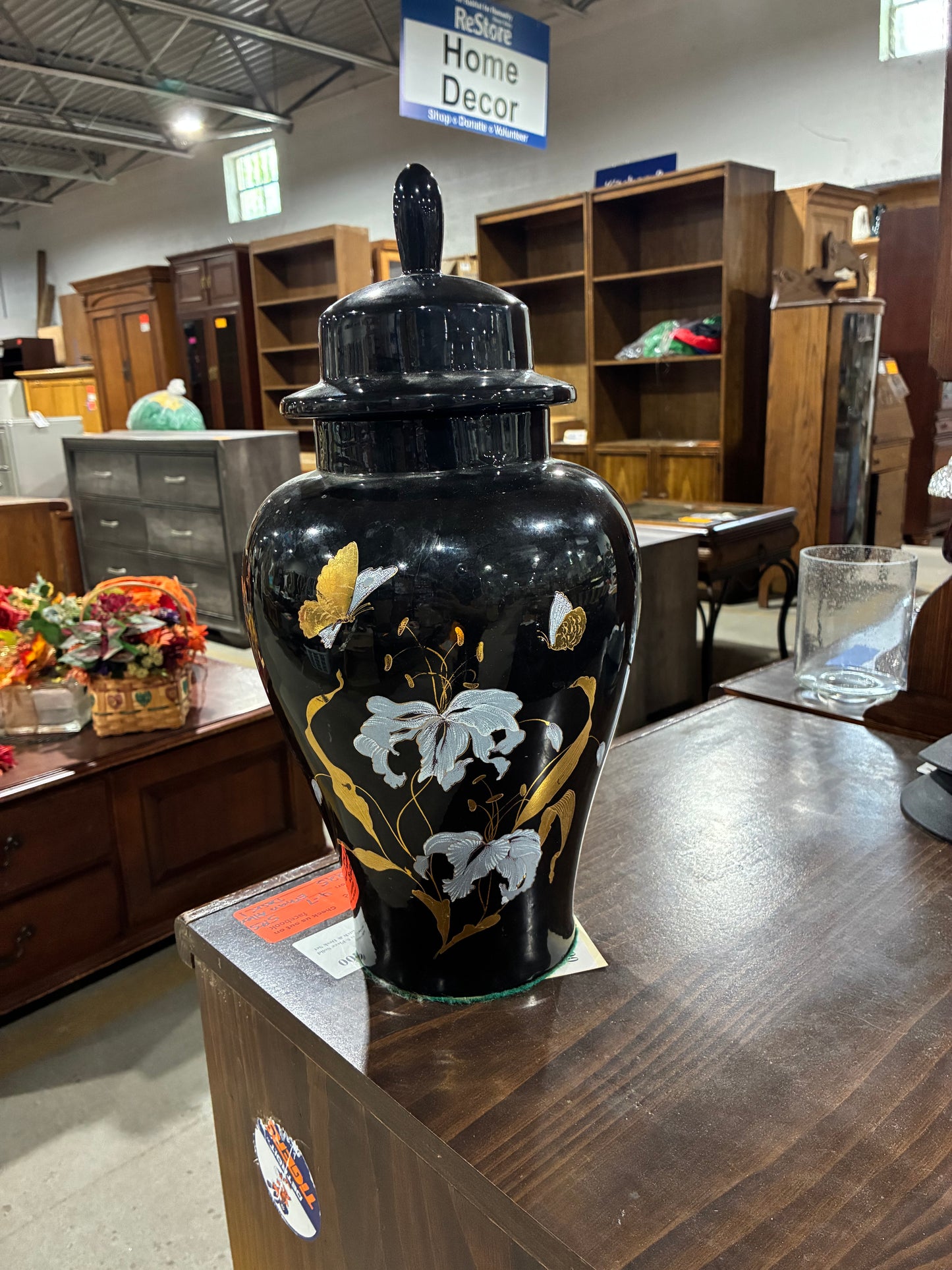 Black Decorative Ginger Jar with Floral Motif