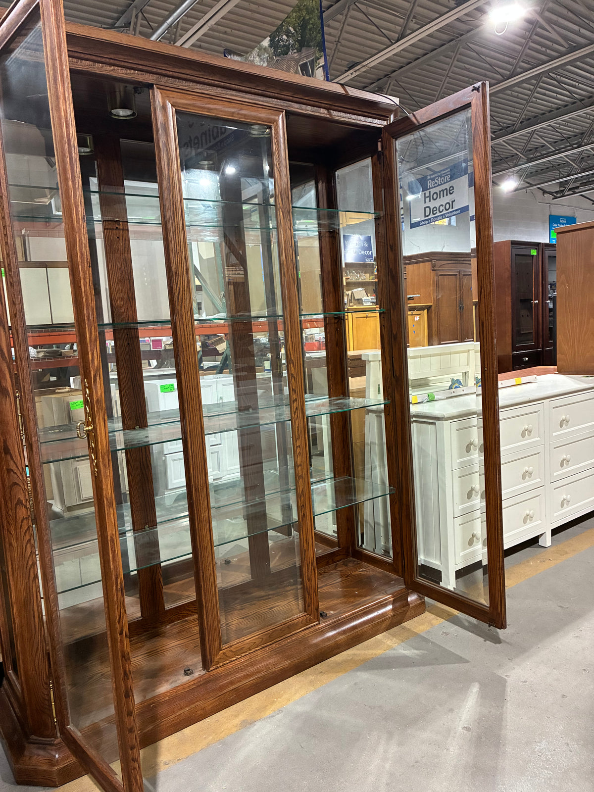 Large Oak Glass Display Cabinet with Interior Lighting