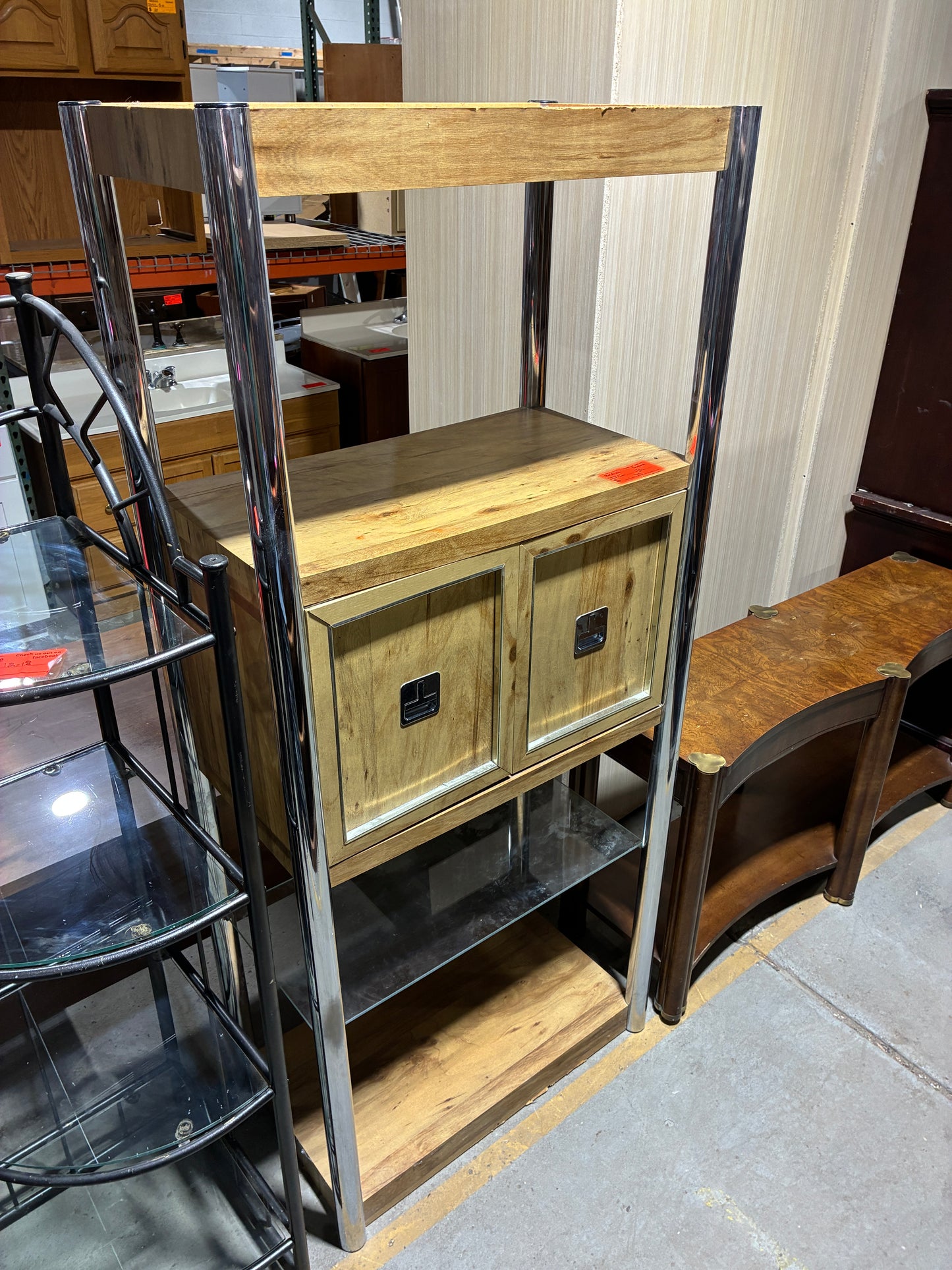 Modern Wood and Chrome Storage Shelf Cabinet