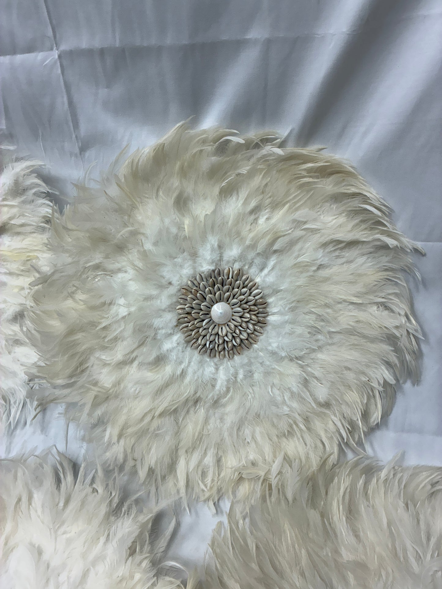 White Feather Wall Art Discs with Shell Center
