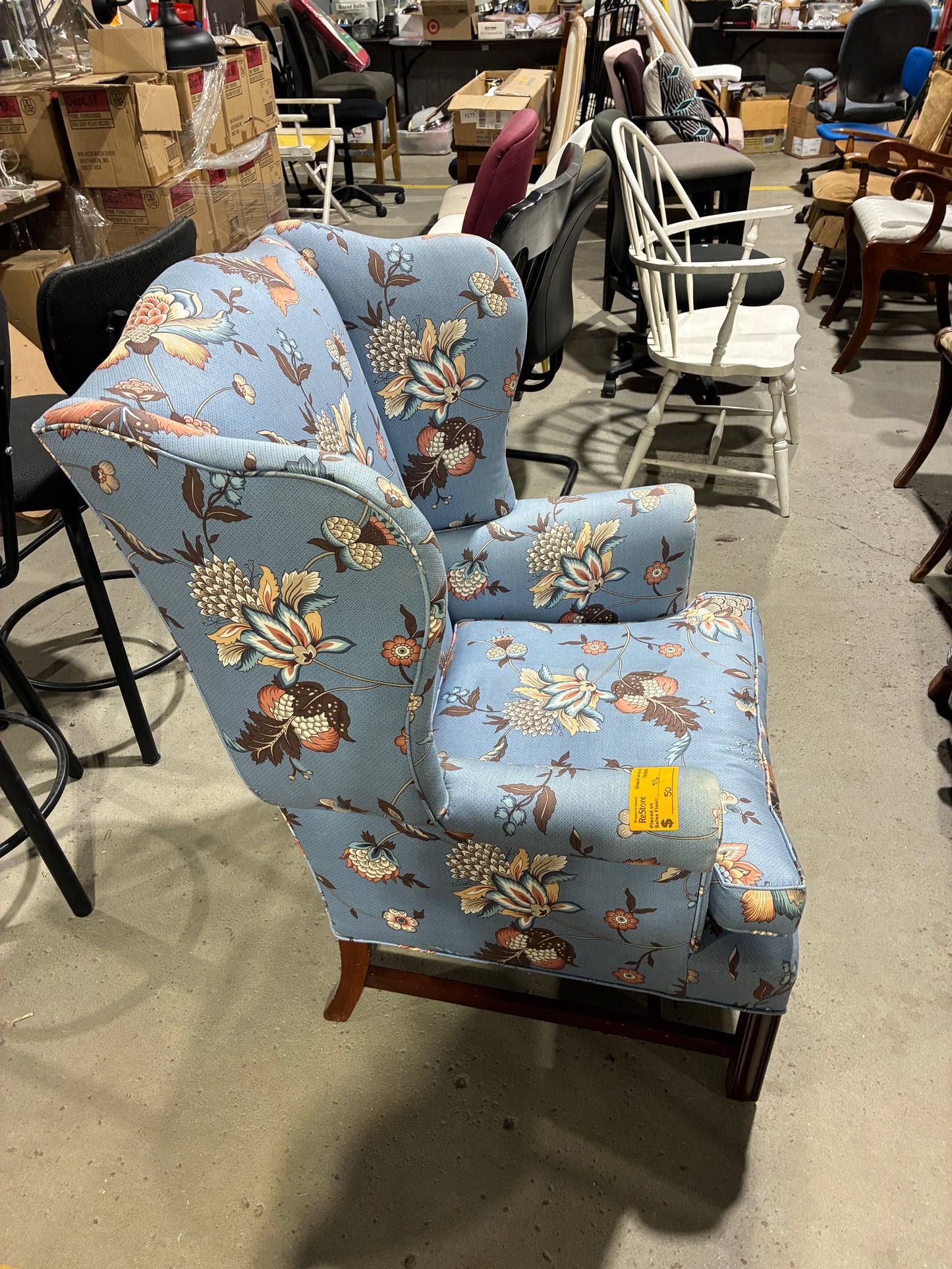 Custom Crafted Floral Wingback Accent Chair