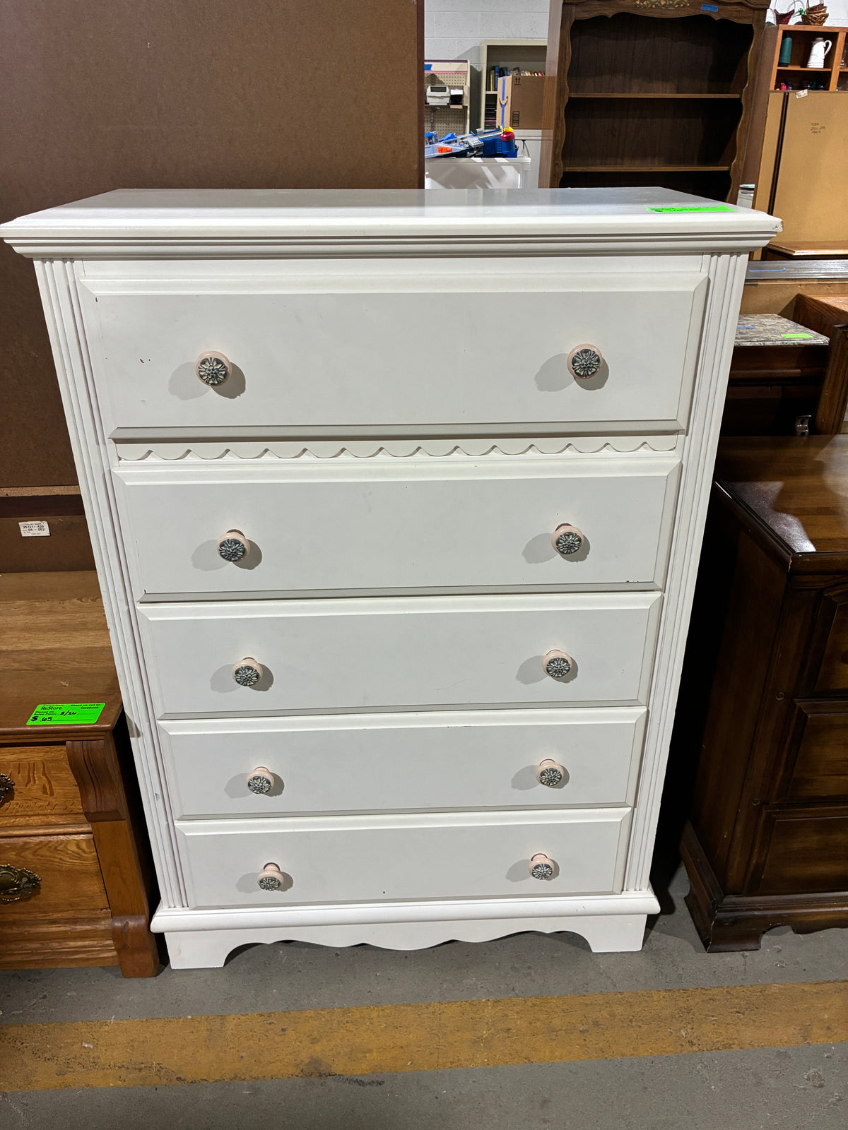 White Five-Drawer Tall Dresser with Decorative Knobs
