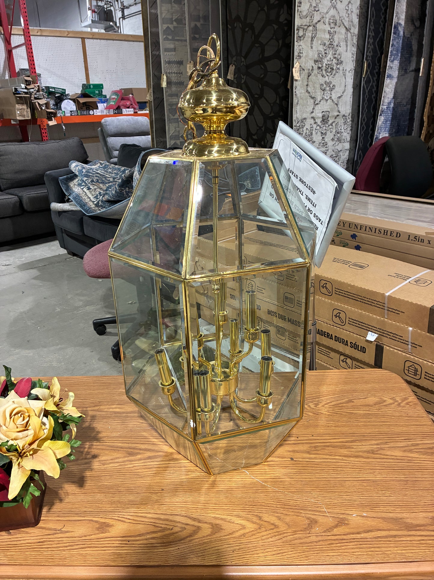 Brass and Glass 8-Light Lantern Chandelier