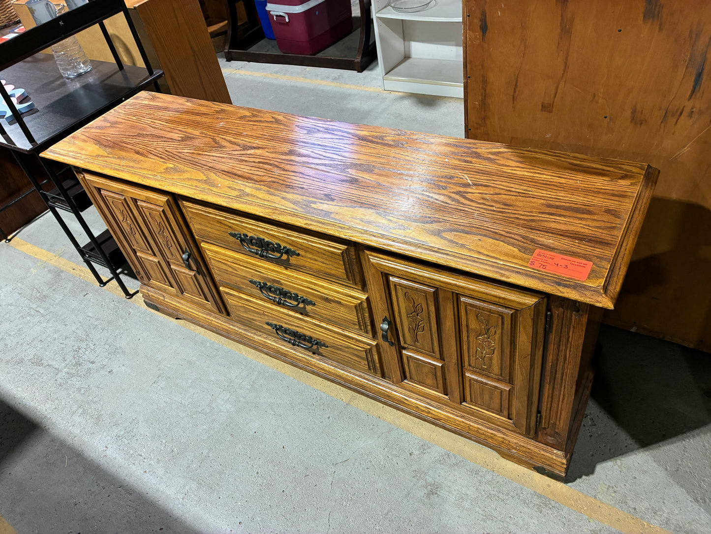 Vintage Wood Sideboard Cabinet with Carved Details