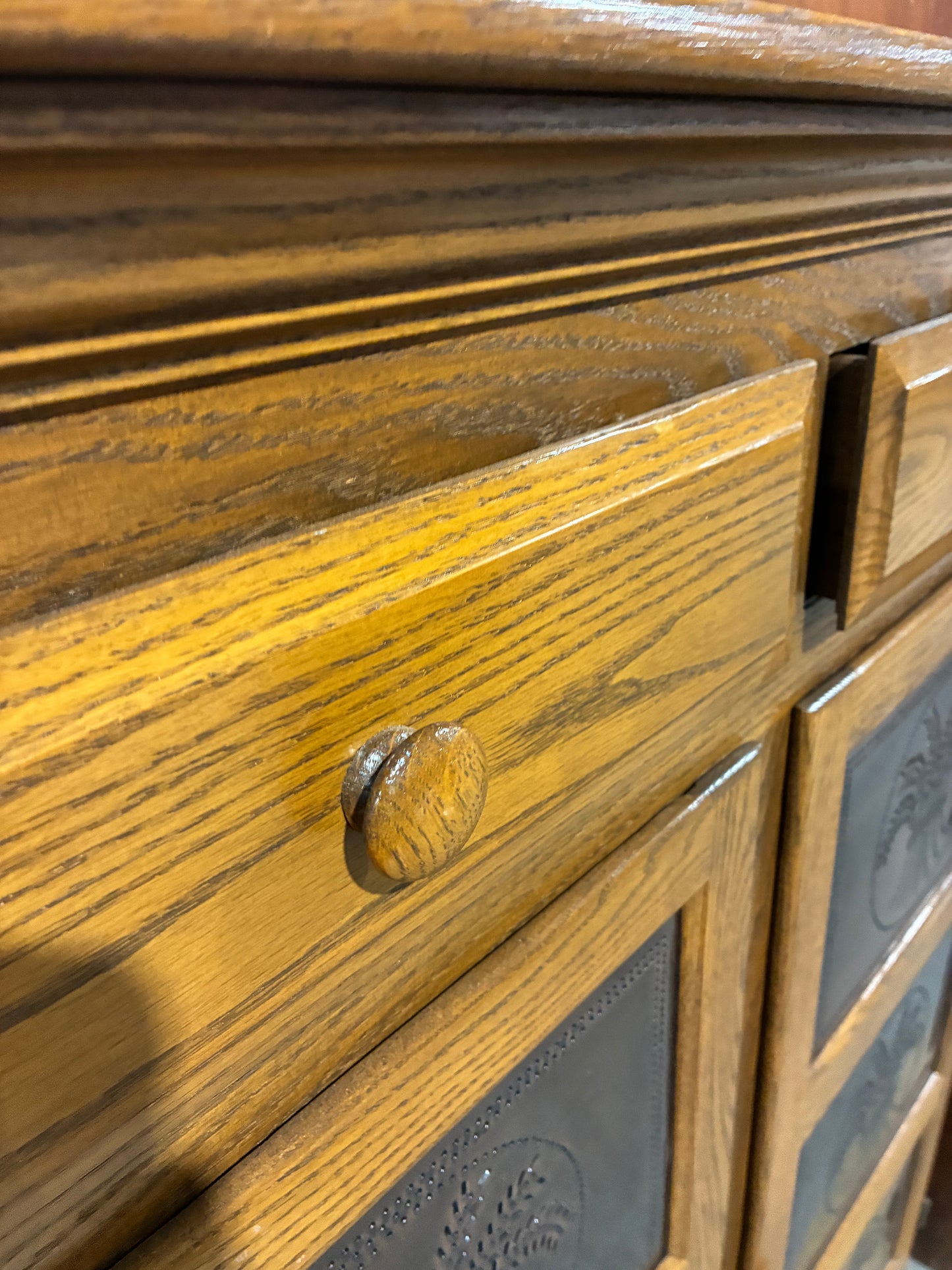 Oak Accent Storage Cabinet with Decorative Metal Panel Doors