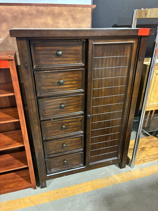 Dark Wood Storage Cabinet with Sliding Door and Drawers