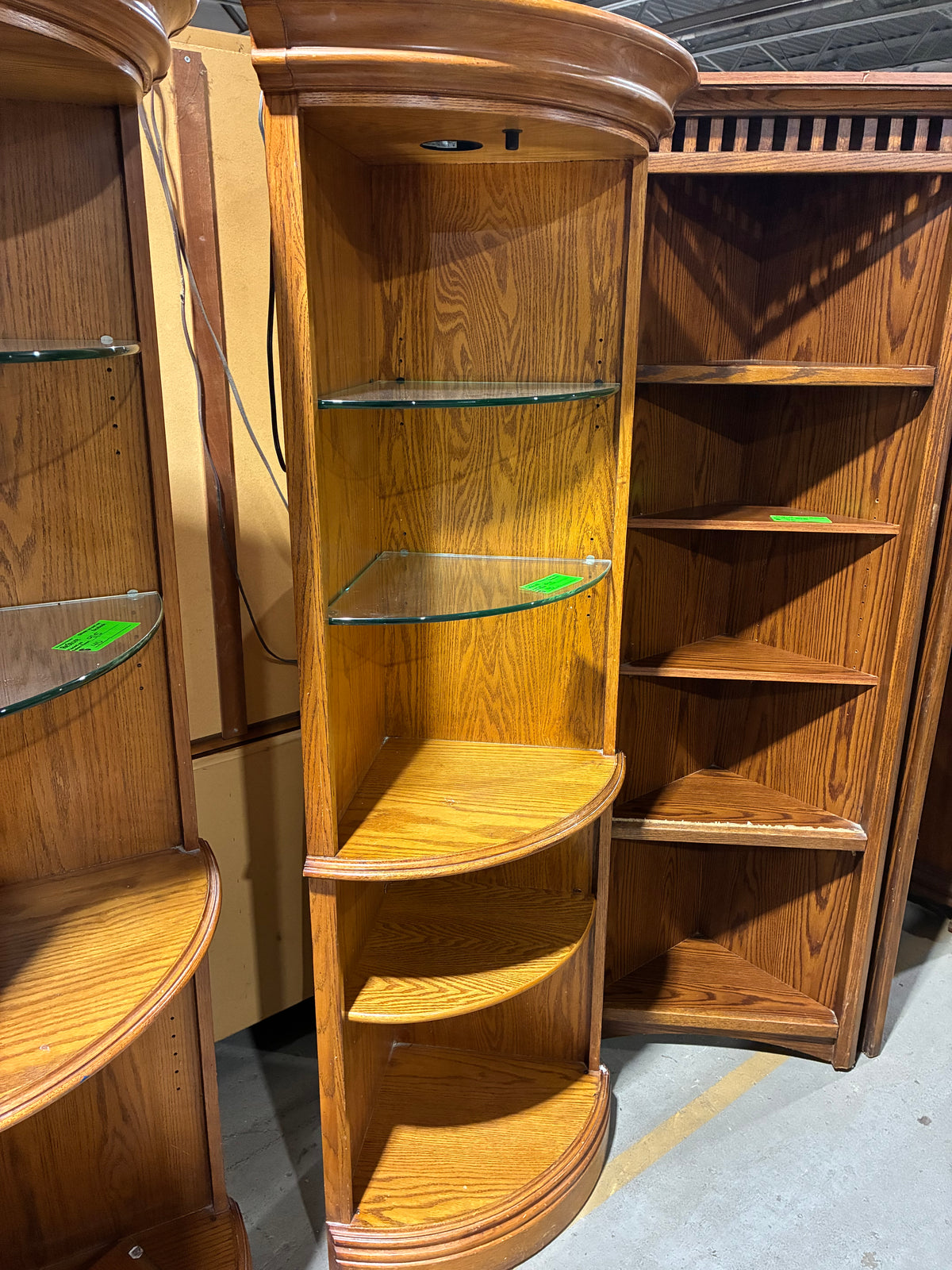 Curved Oak Corner Display Bookcase with Glass Shelves
