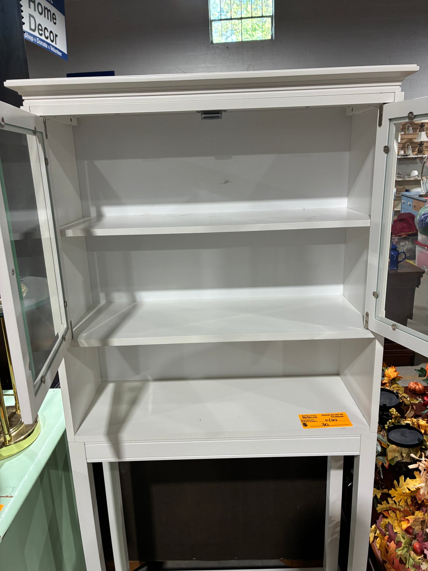 White Glass-Door Storage Cabinet with Open Shelf