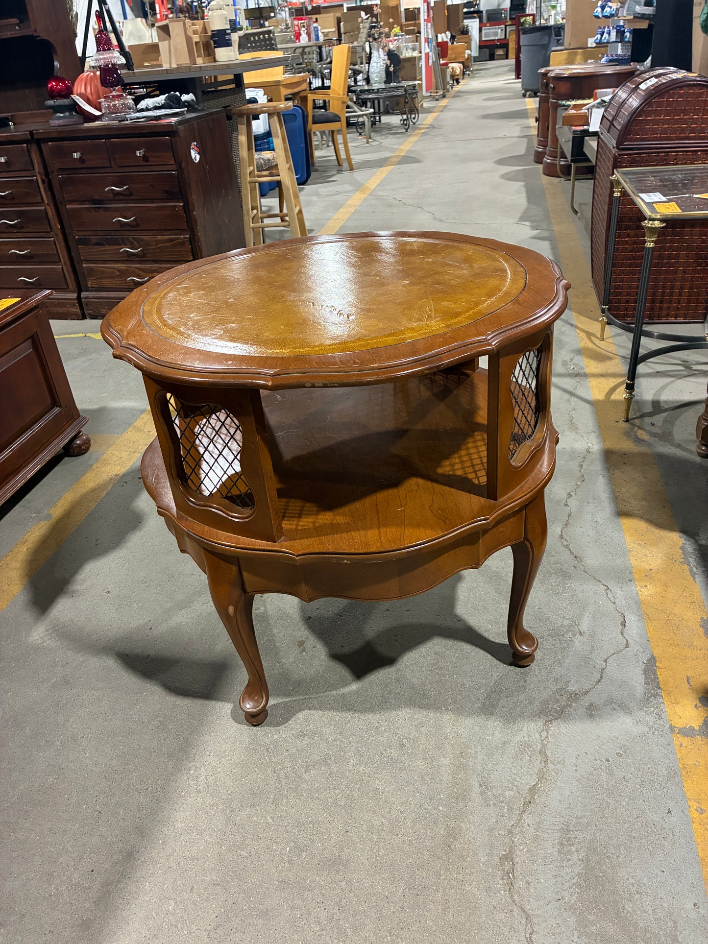 Traditional Wood Lamp Table with Leather-Style Inlay