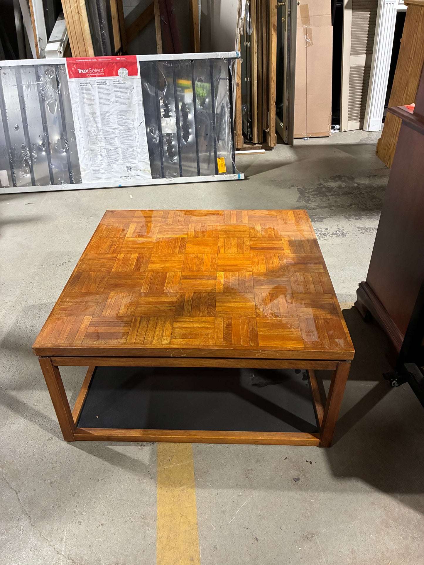 Mid-Century Parquet Top Coffee Table with Lower Shelf