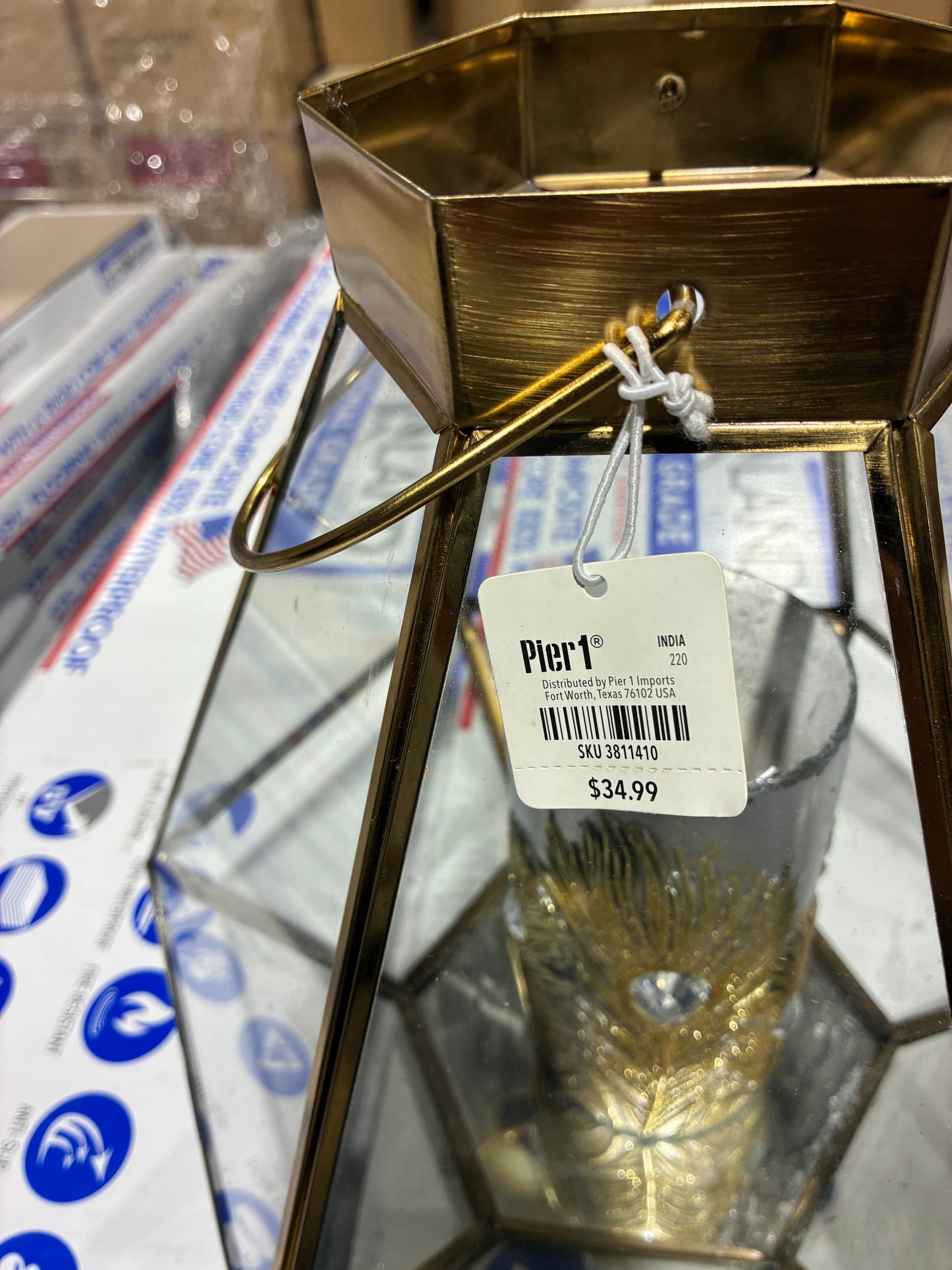 Pier 1 Geometric Glass Lantern with Decorative Candle