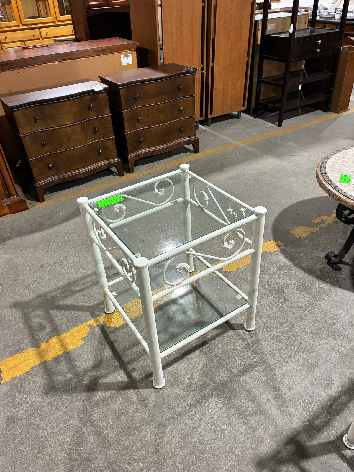 White Wrought Iron Accent Table with Glass Shelves