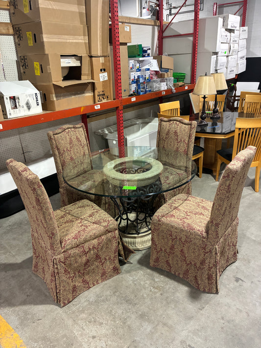 Ornate Glass-Top Dining Table with 4 Upholstered Chairs