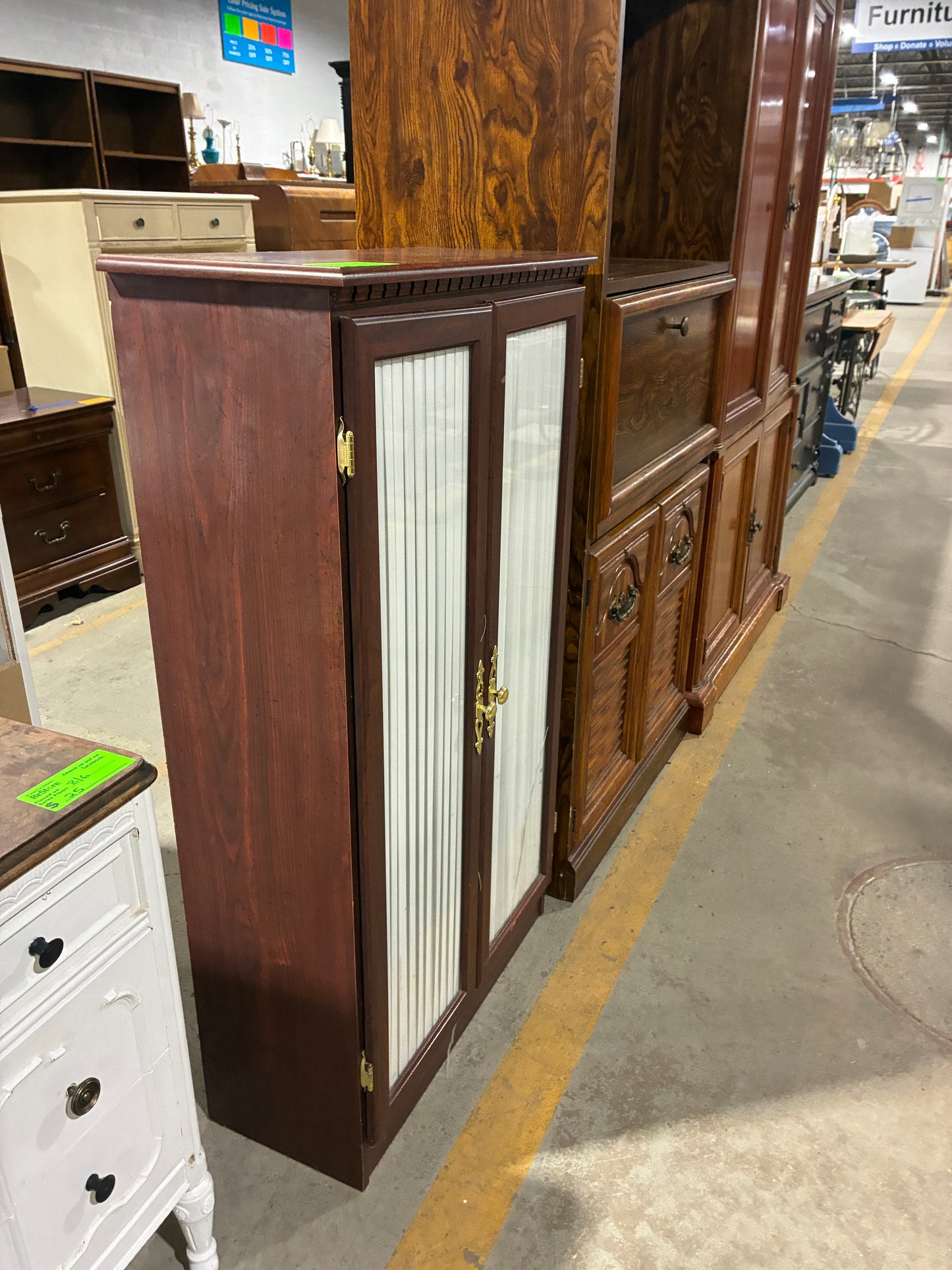 Traditional Wood Storage Cabinet with Fabric Panel Doors