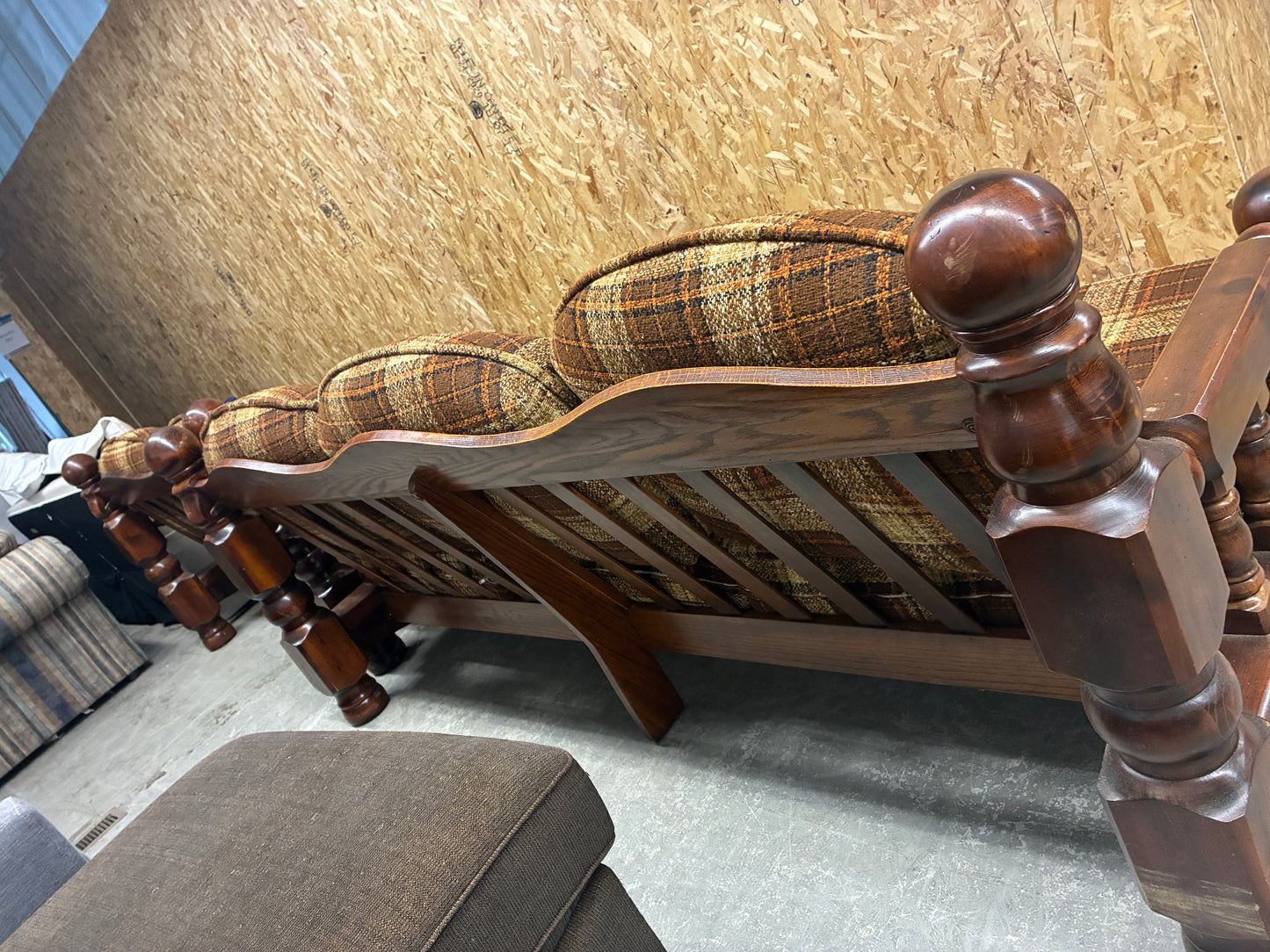 Vintage Plaid Wood Frame Sofa