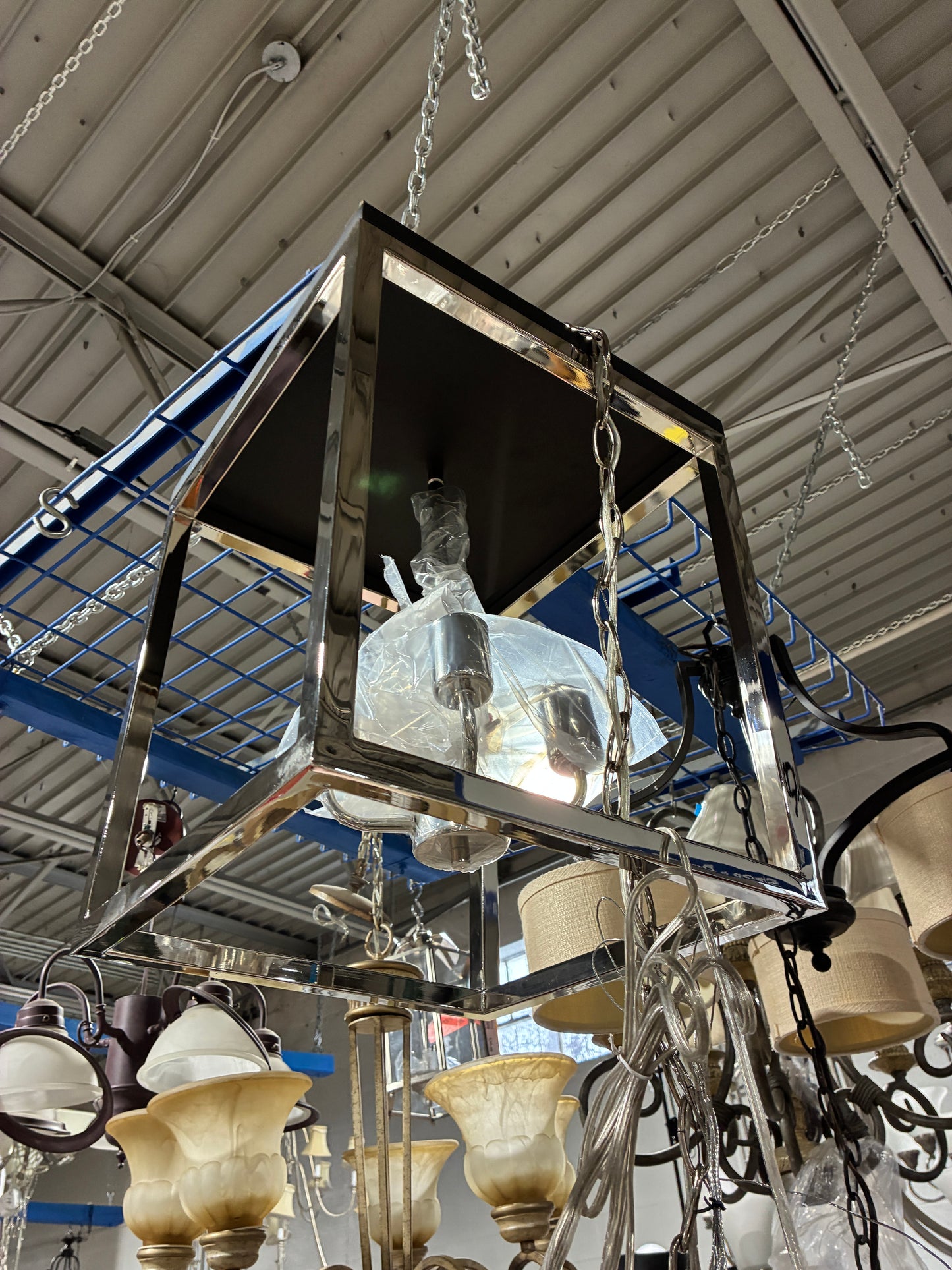 Square Chrome Lantern Pendant Light Fixture