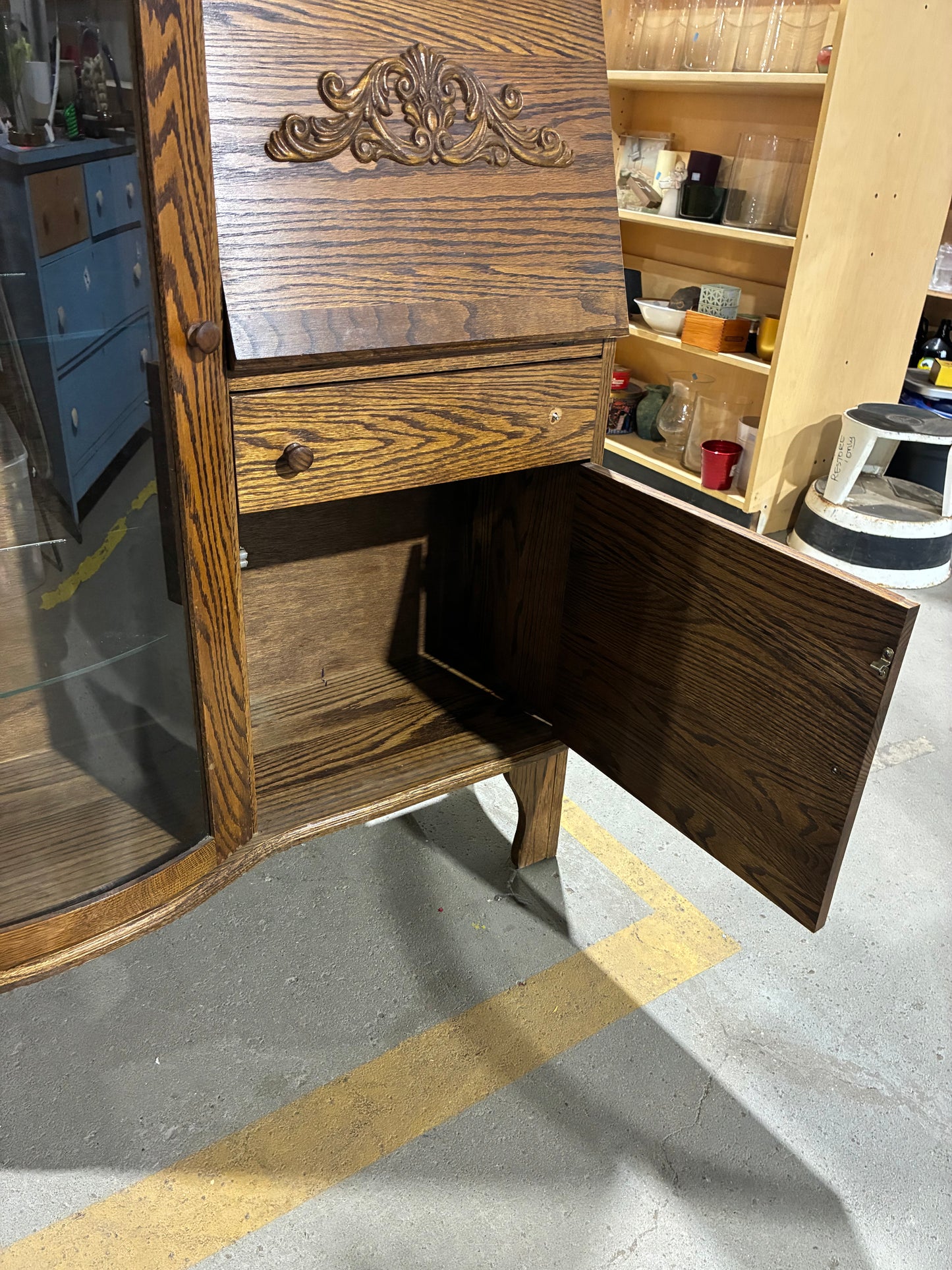 Vintage Oak Curio Cabinet with Lighted Display & Drop-Front Storage