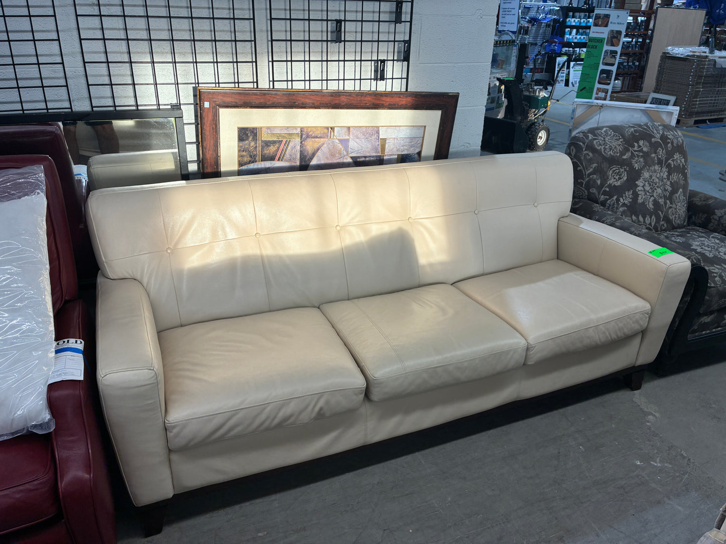 Cream Leather Three-Seat Sofa