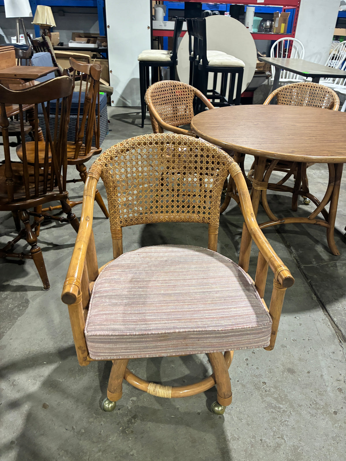 Vintage Rattan Dining Table & Four Rolling Armchairs