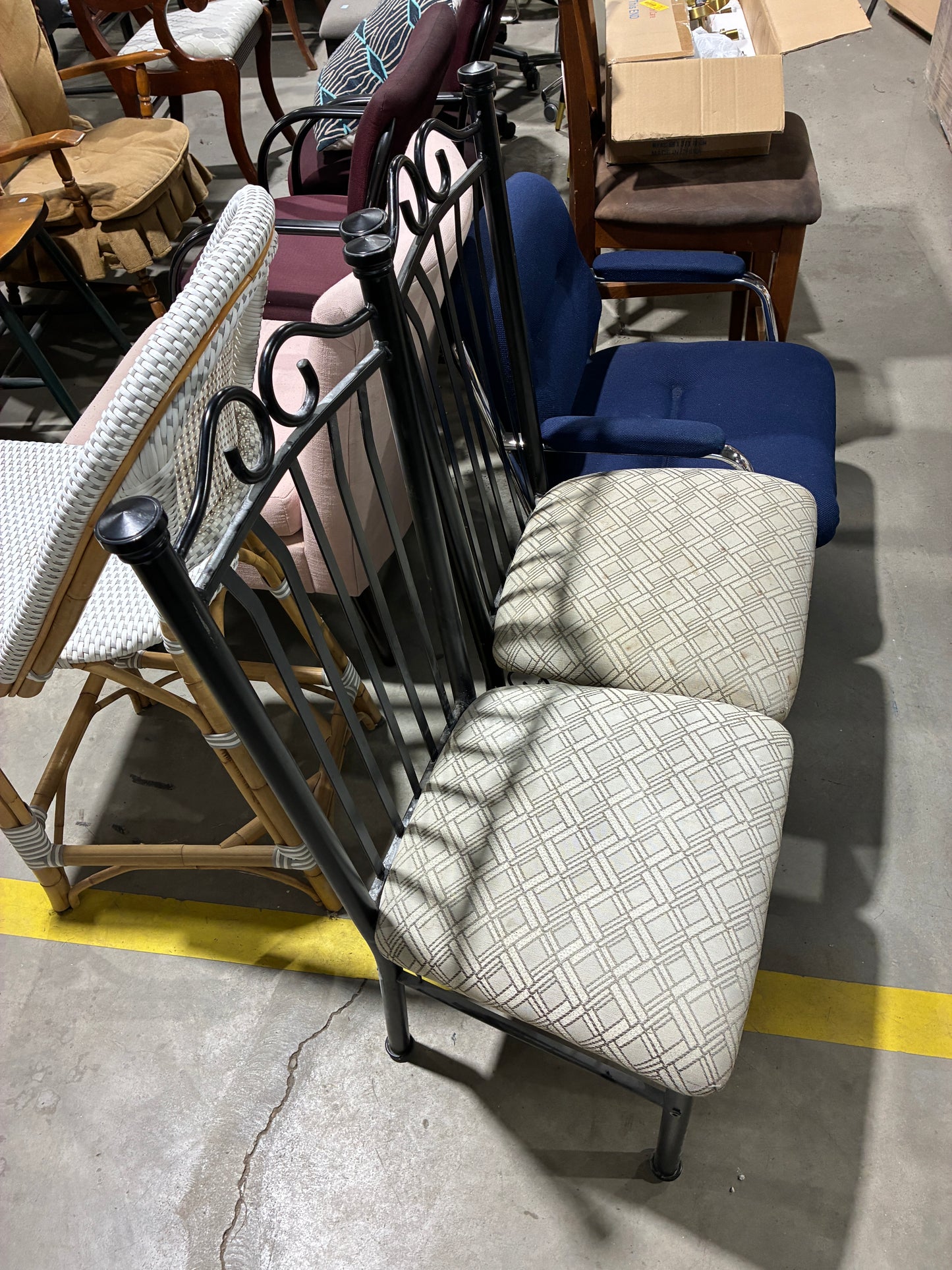 Black Metal Dining Chairs with Upholstered Seats – $15 Each