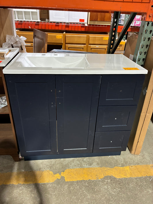 New 36" Navy Blue Bathroom Vanity with White Integrated Sink