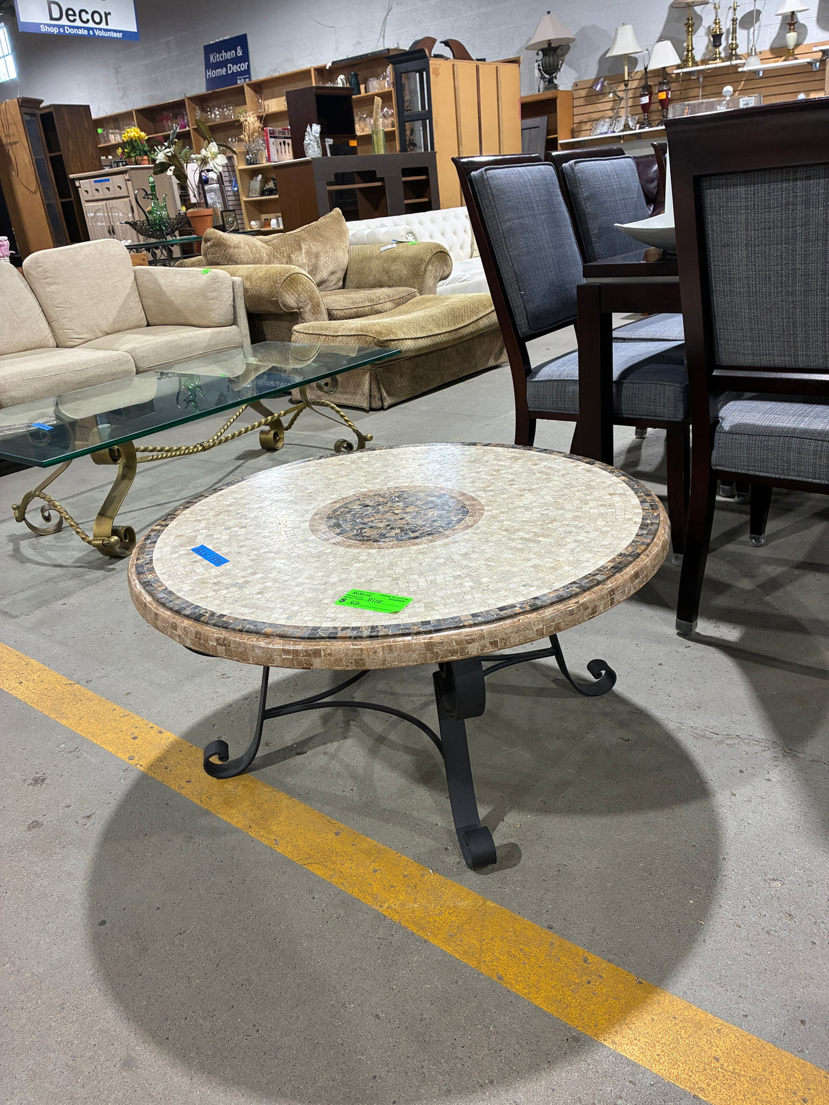Round Mosaic Tile Coffee Table with Wrought Iron Base