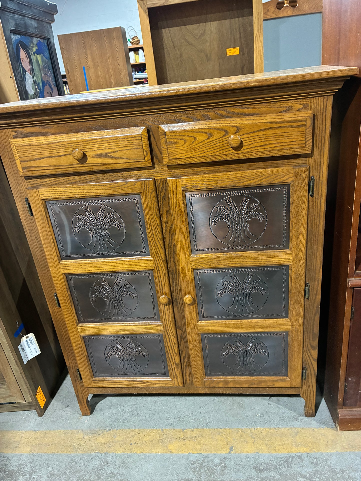 Oak Accent Storage Cabinet with Decorative Metal Panel Doors