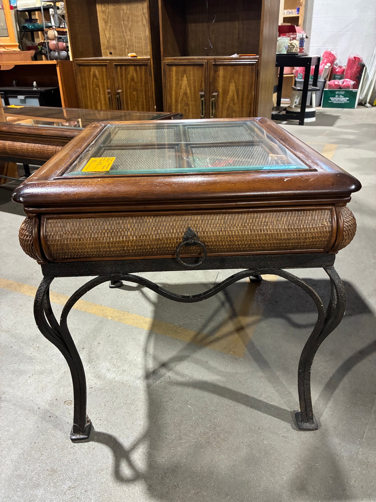 Tropical Rattan & Glass Top Accent Table with Storage Drawer #1