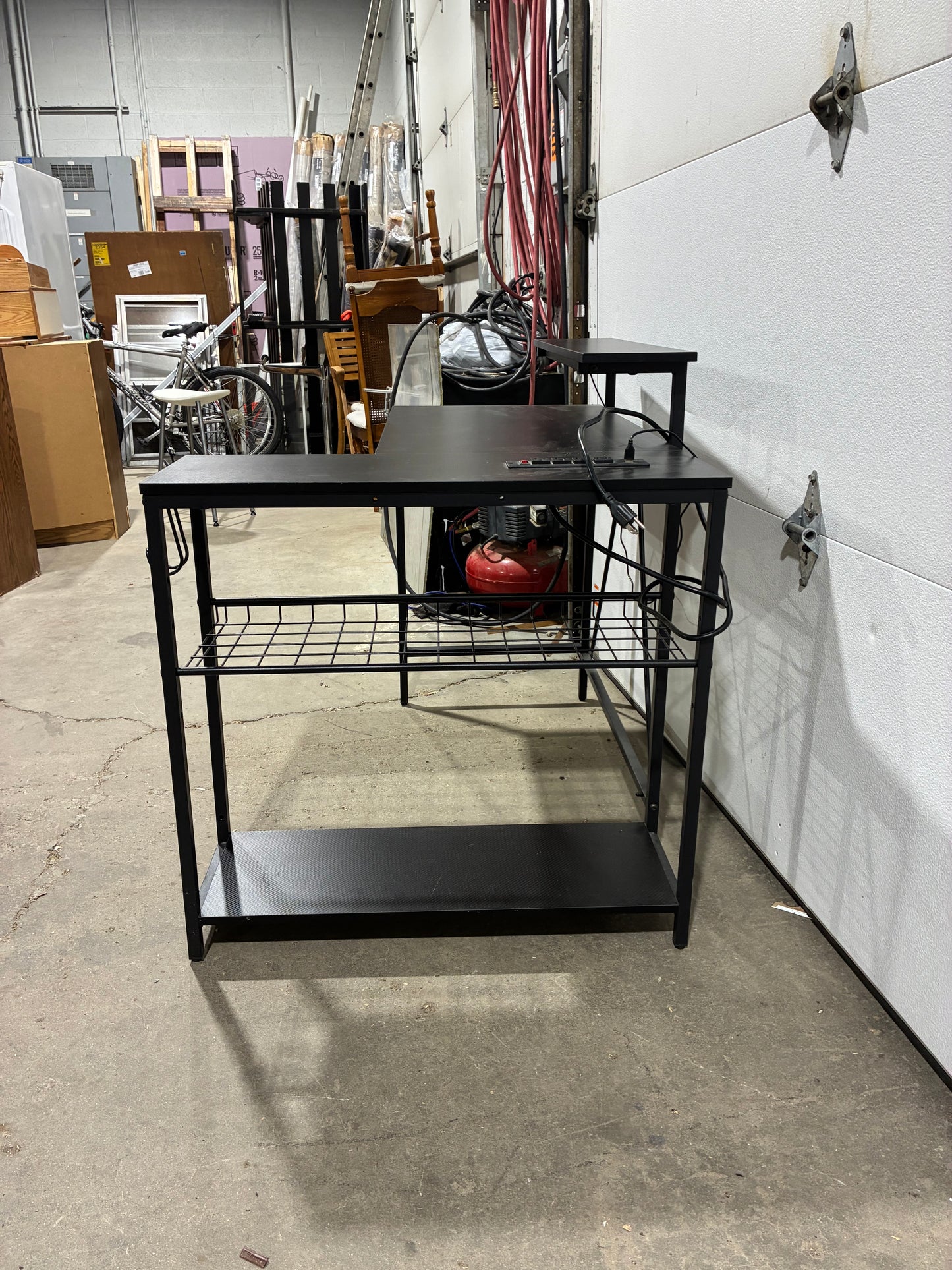Modern Black Computer Desk with Power Outlet & Monitor Shelf