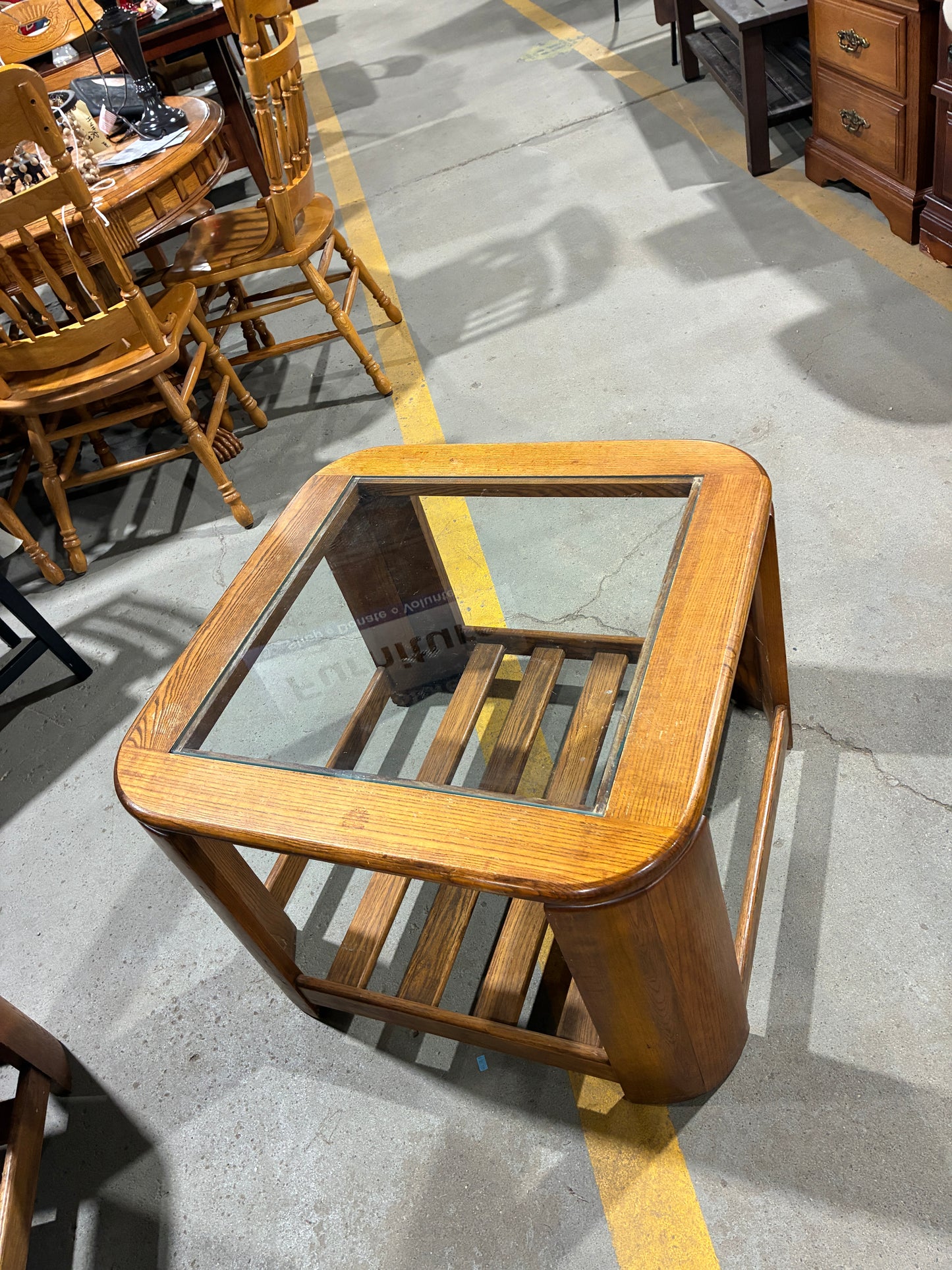 Oak Glass-Top End Table with Magazine Shelf