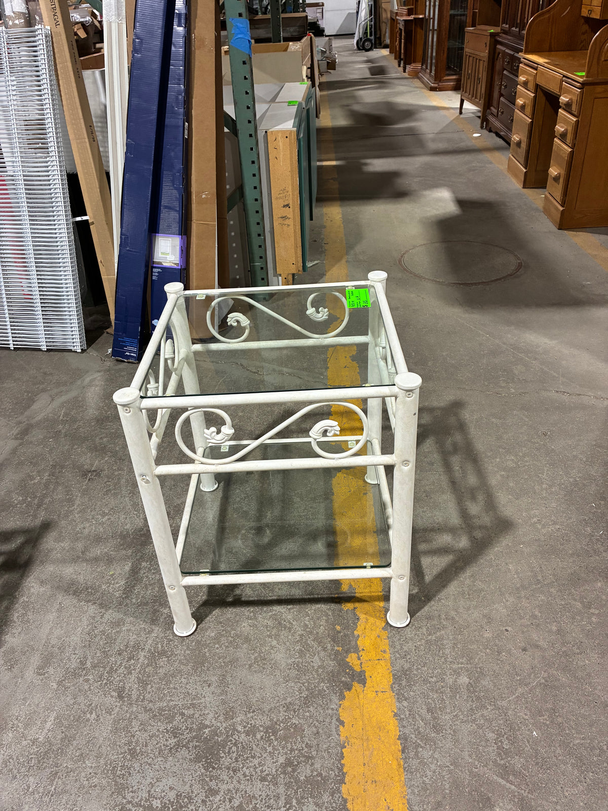 White Wrought Iron Accent Table with Glass Shelves