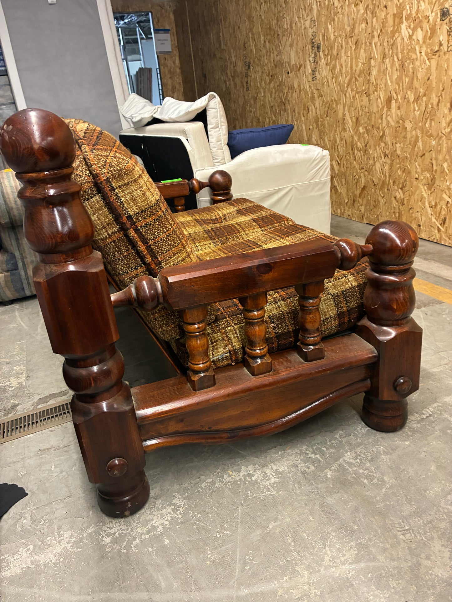 Vintage Plaid Wood Frame Loveseat