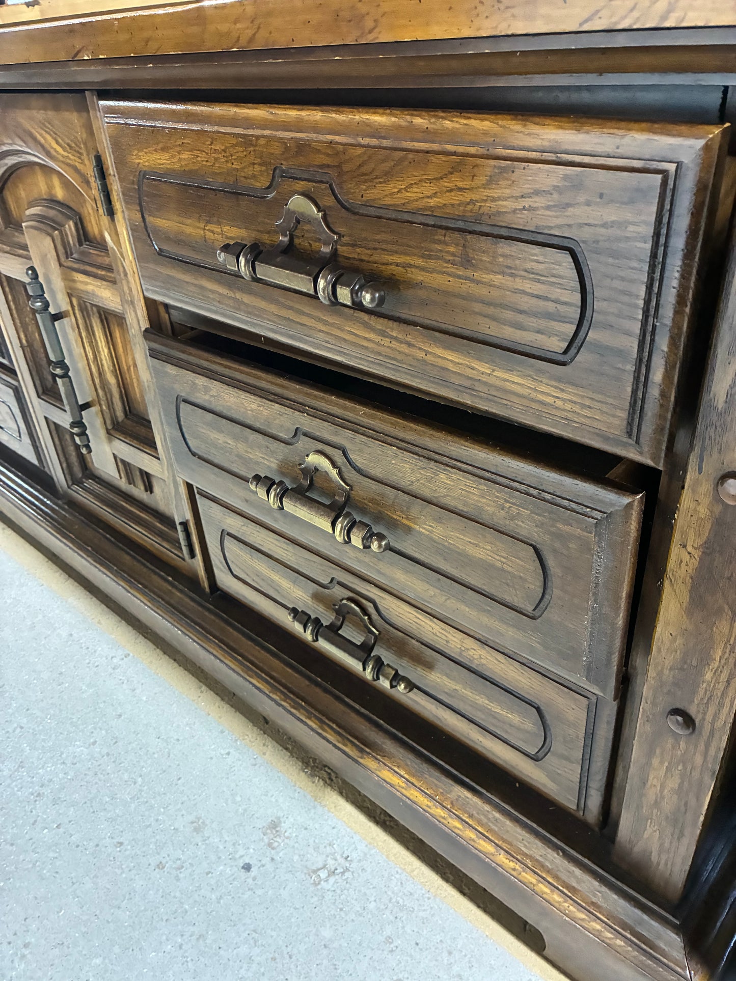 Rustic Oak Storage Credenza with Hidden Drawer Cabinet