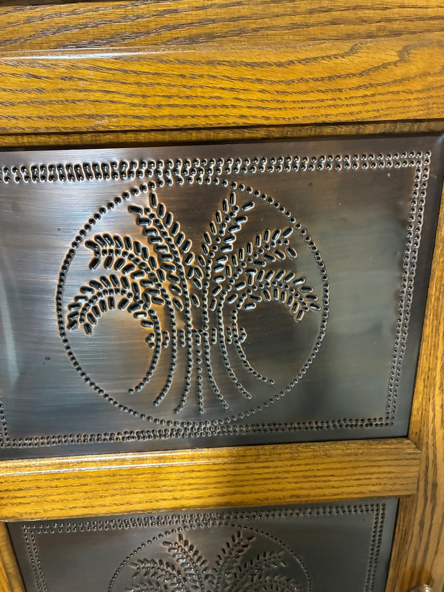 Oak Accent Storage Cabinet with Decorative Metal Panel Doors