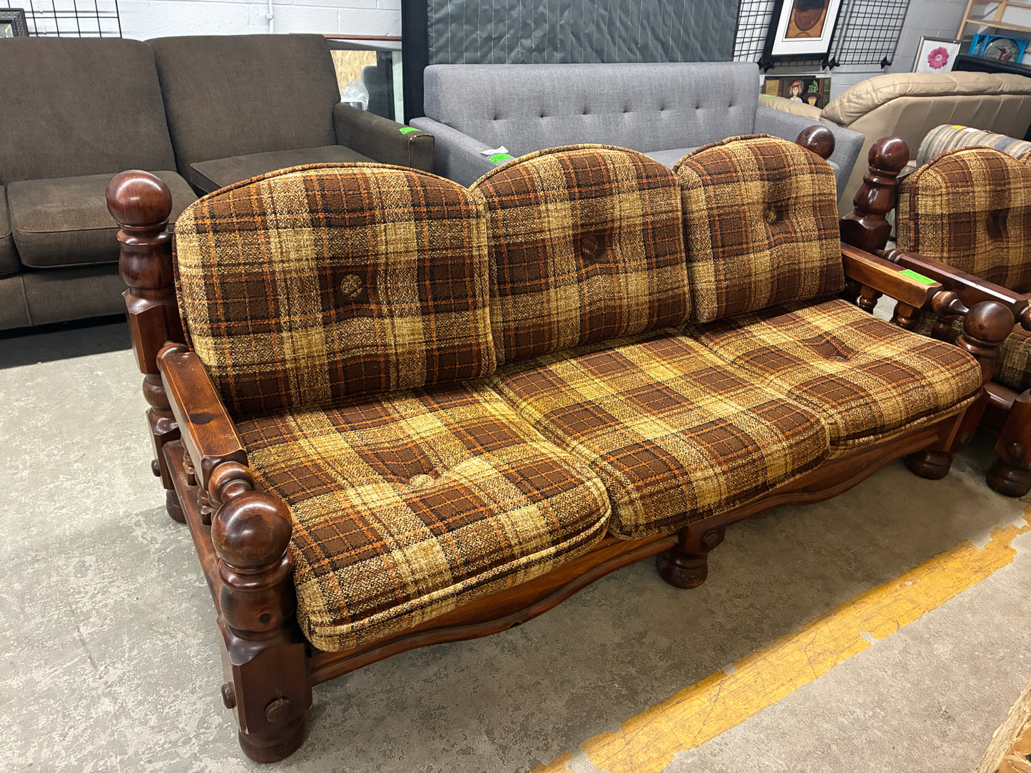 Vintage Plaid Wood Frame Sofa