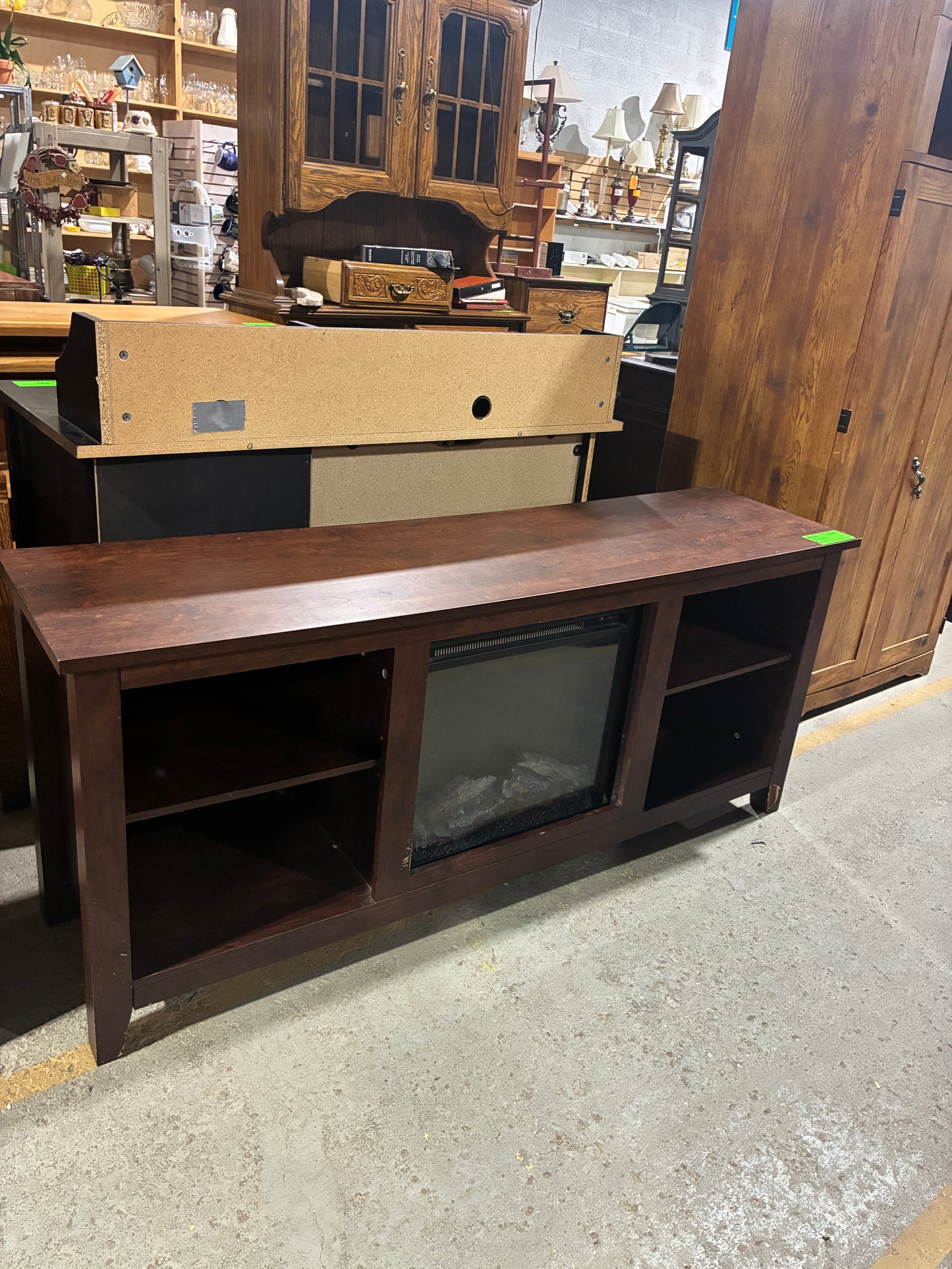 Dark Wood Electric Fireplace TV Stand with Open Shelving