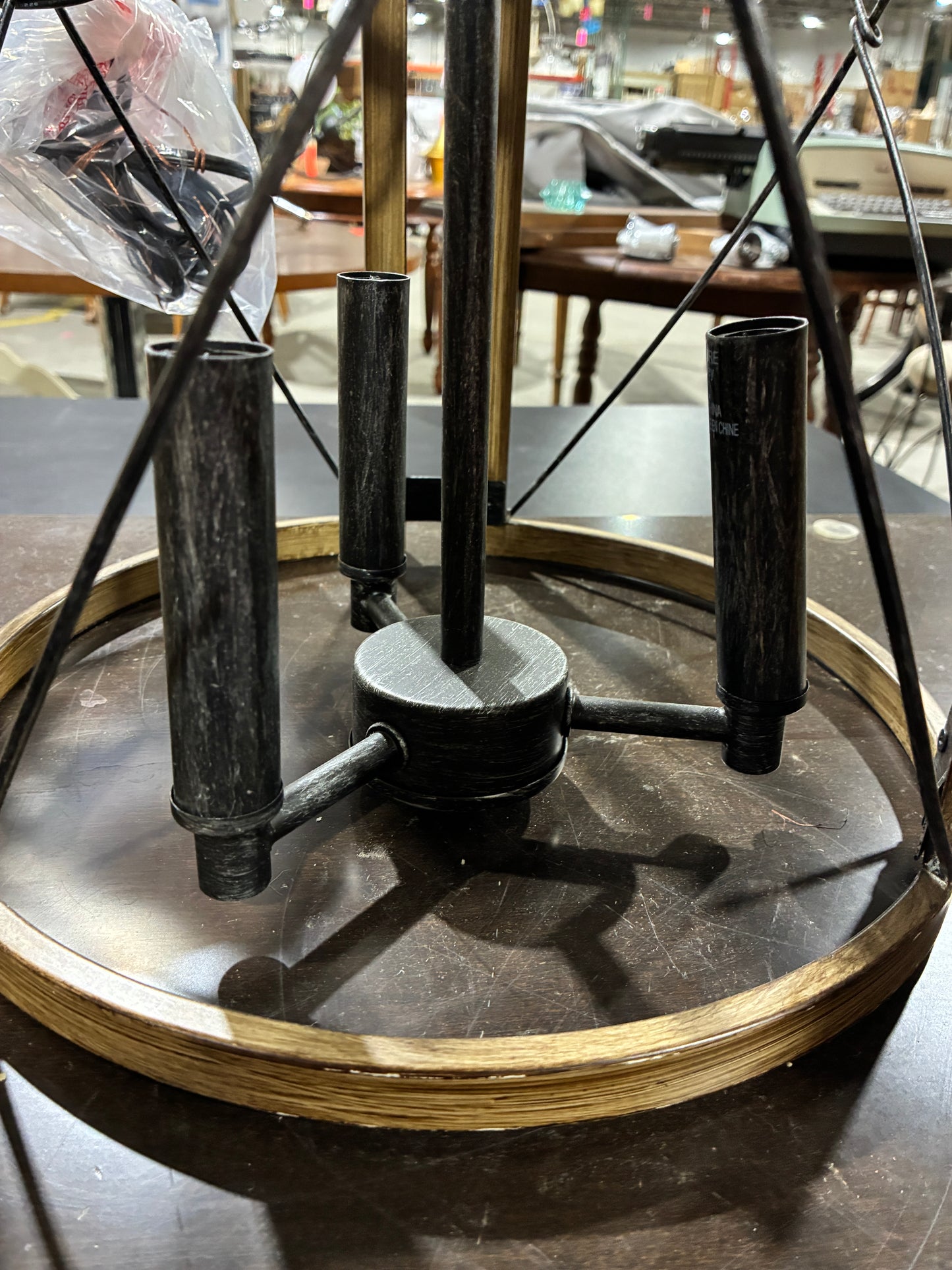 Round Metal Cage Pendant Light Fixture Frame (Wood Look Finish)