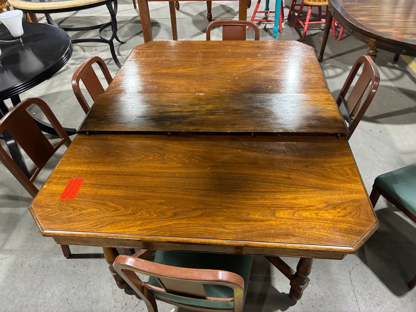 Vintage Wood Dining Table with Metal Frame Chairs