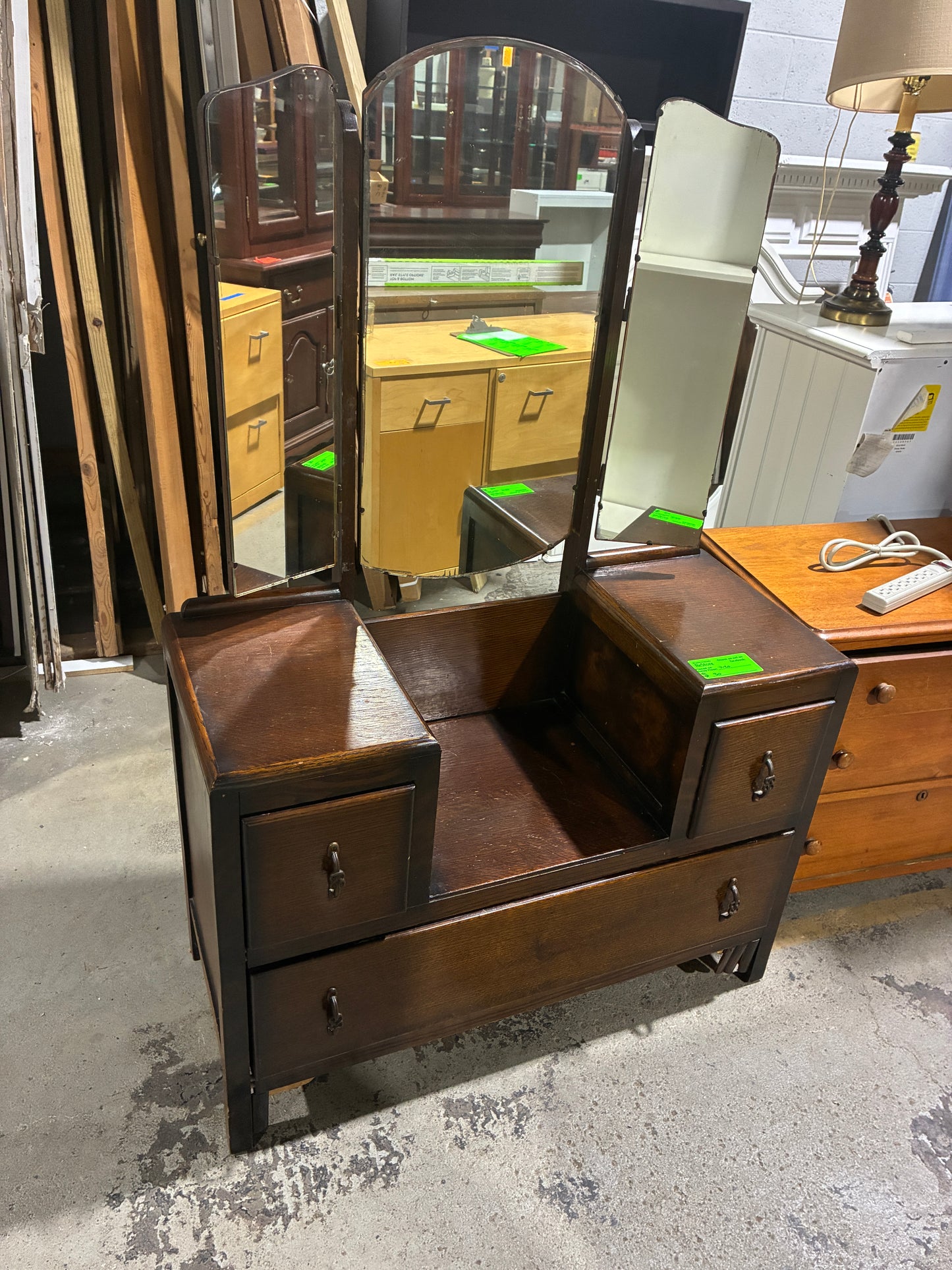 Vintage Wood Vanity with Tri-Fold Mirror