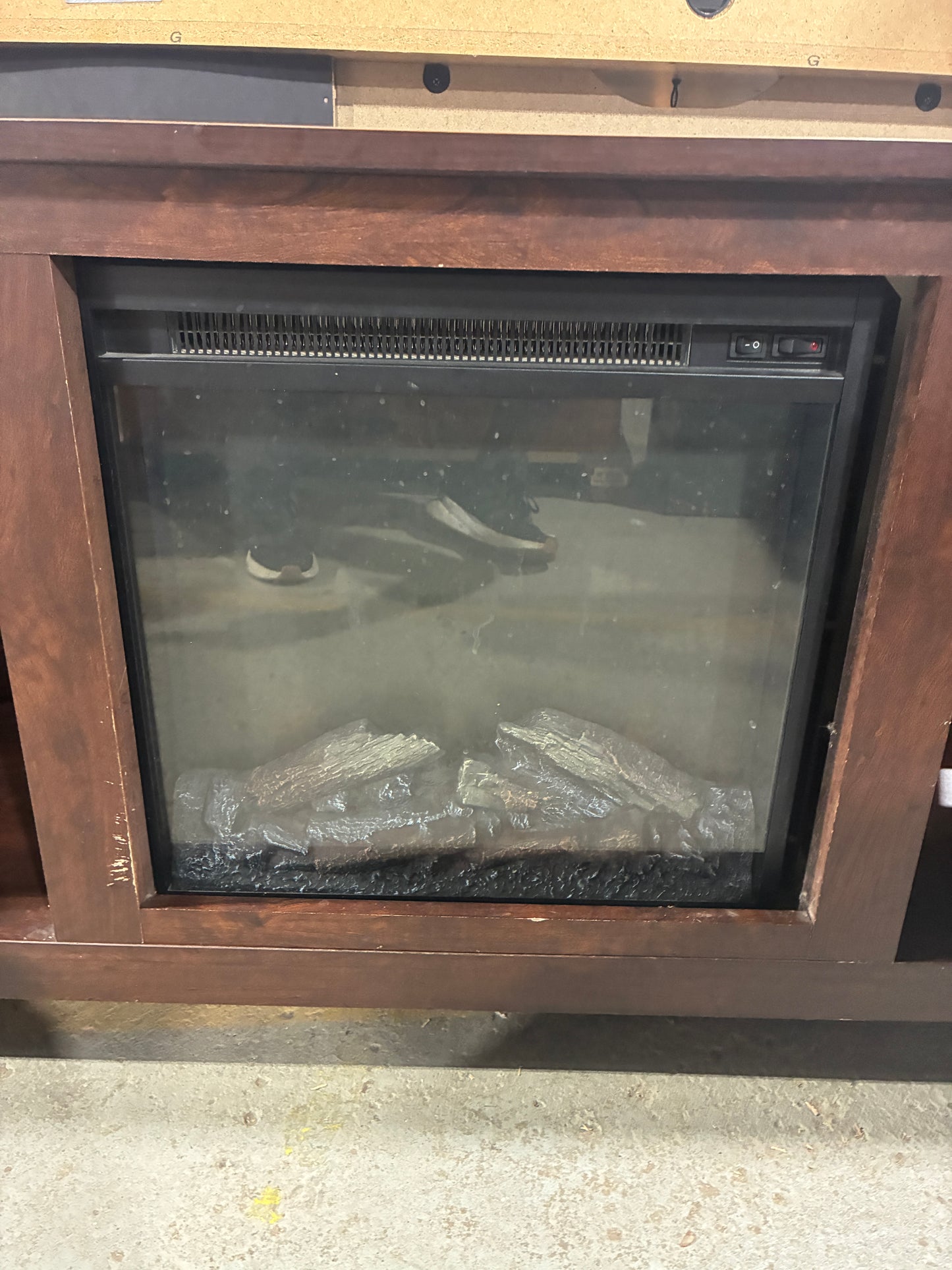 Dark Wood Electric Fireplace TV Stand with Open Shelving